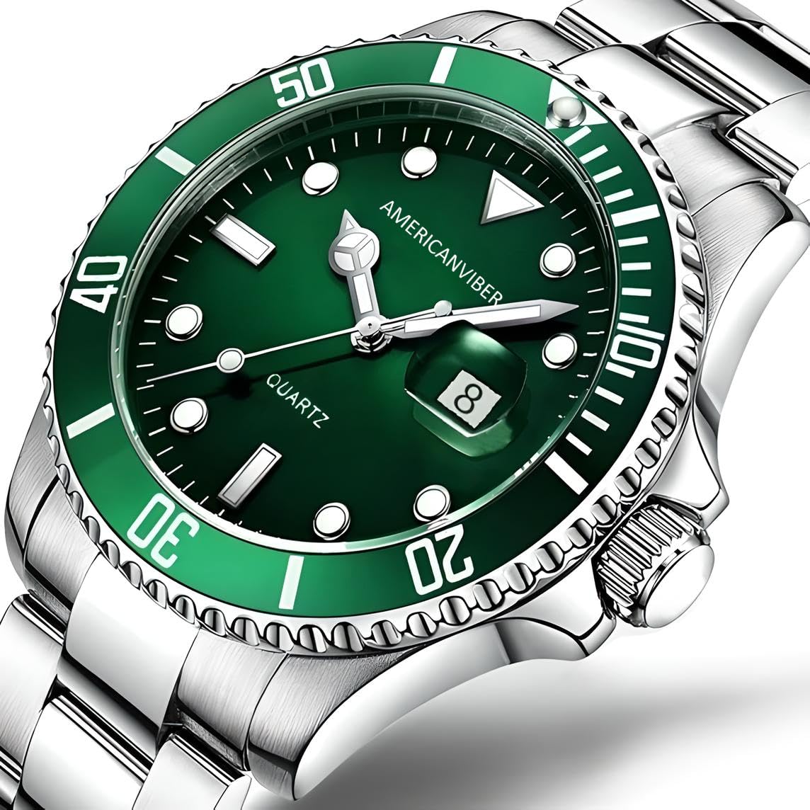 AMERICANVIBER Luxury Diver Watch with Green Dial, Stainless Steel Band, Date Display, Quartz Movement (Green)