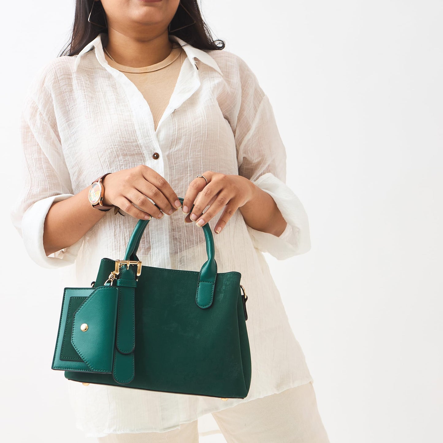 Chumbak Emerald Handbag | Multipurpose Hand Bag with Pouch for Shopping | Hand Held Bag for Women and Girls | Solid Colour Handbag