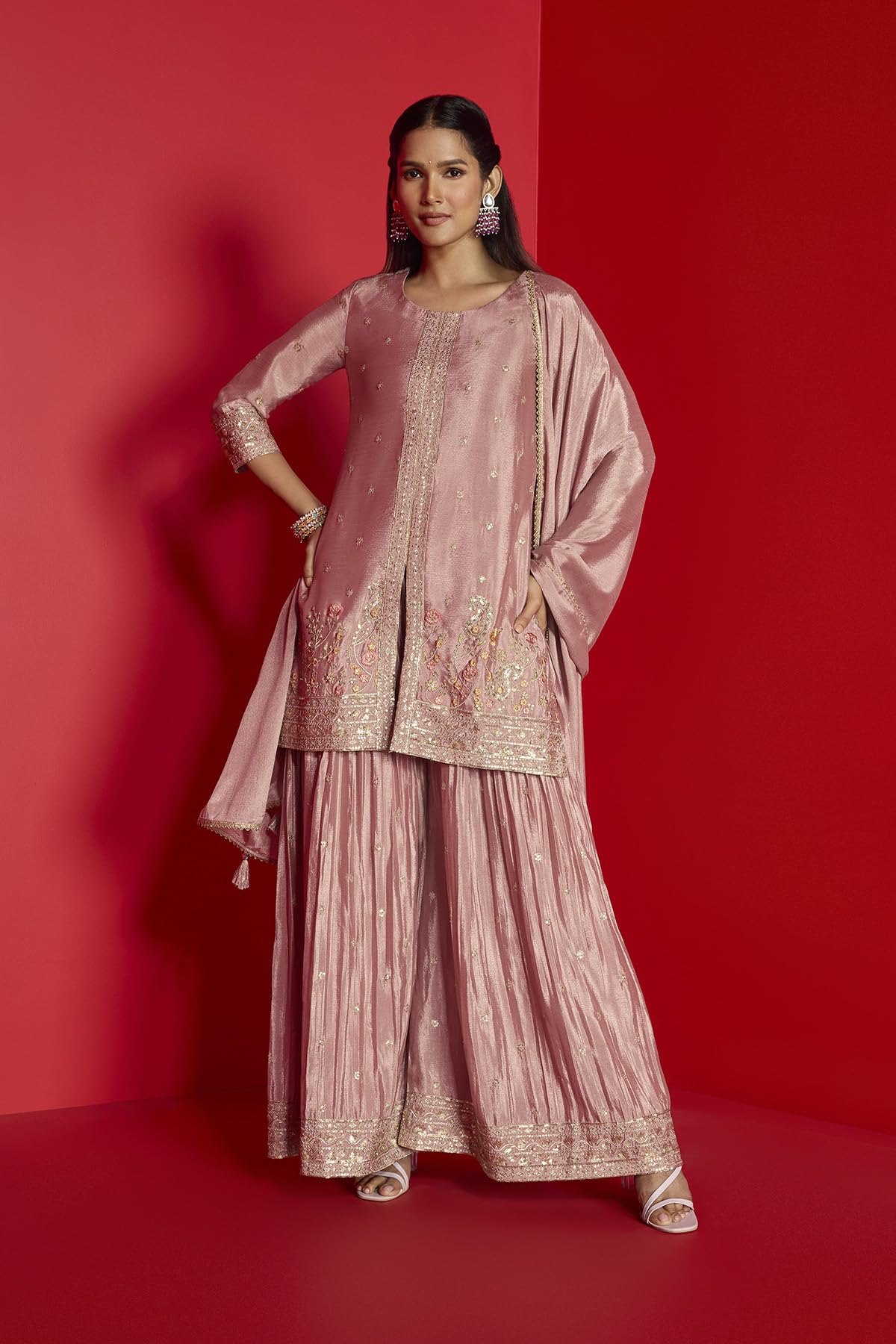 Soch Womens Onion Pink Chinon Sequinned Embellished Suit Set