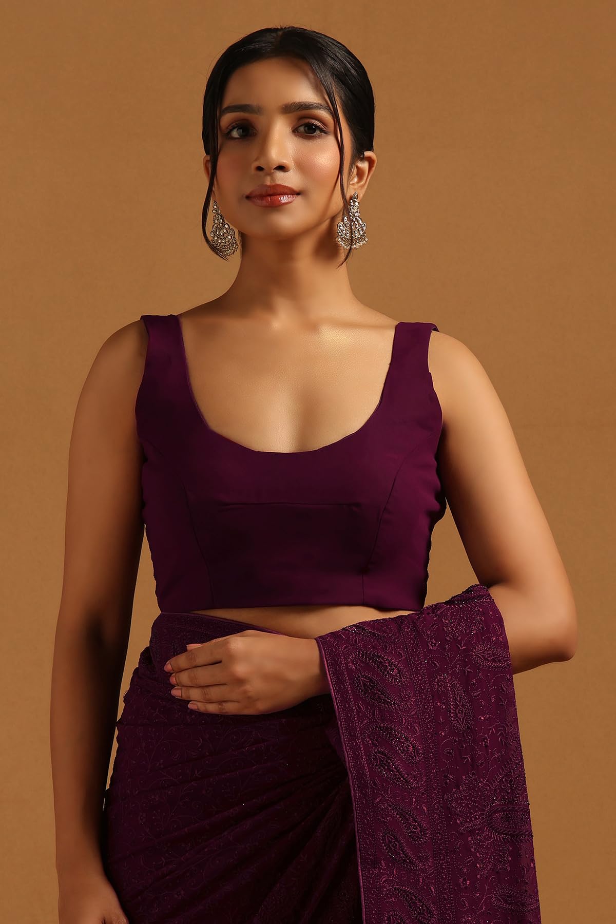 Soch Womens Wine Georgette Botanical Saree With Stone Work