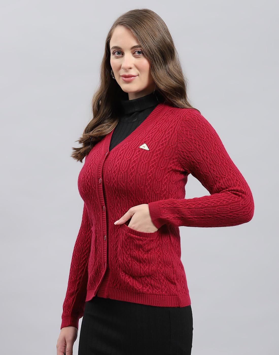 Monte Carlo Womens Self Design V Neck Wool Blend Cardigan Maroon L