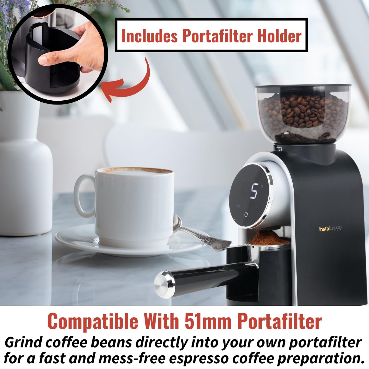 InstaCuppa Electric Coffee Grinder with LED Touch Timer & Cups Selector, Conical Stainless Steel Burr Mill with 25 Adjustable Grind Settings for Home Espresso, Moka Pot, French Press, Pour Over