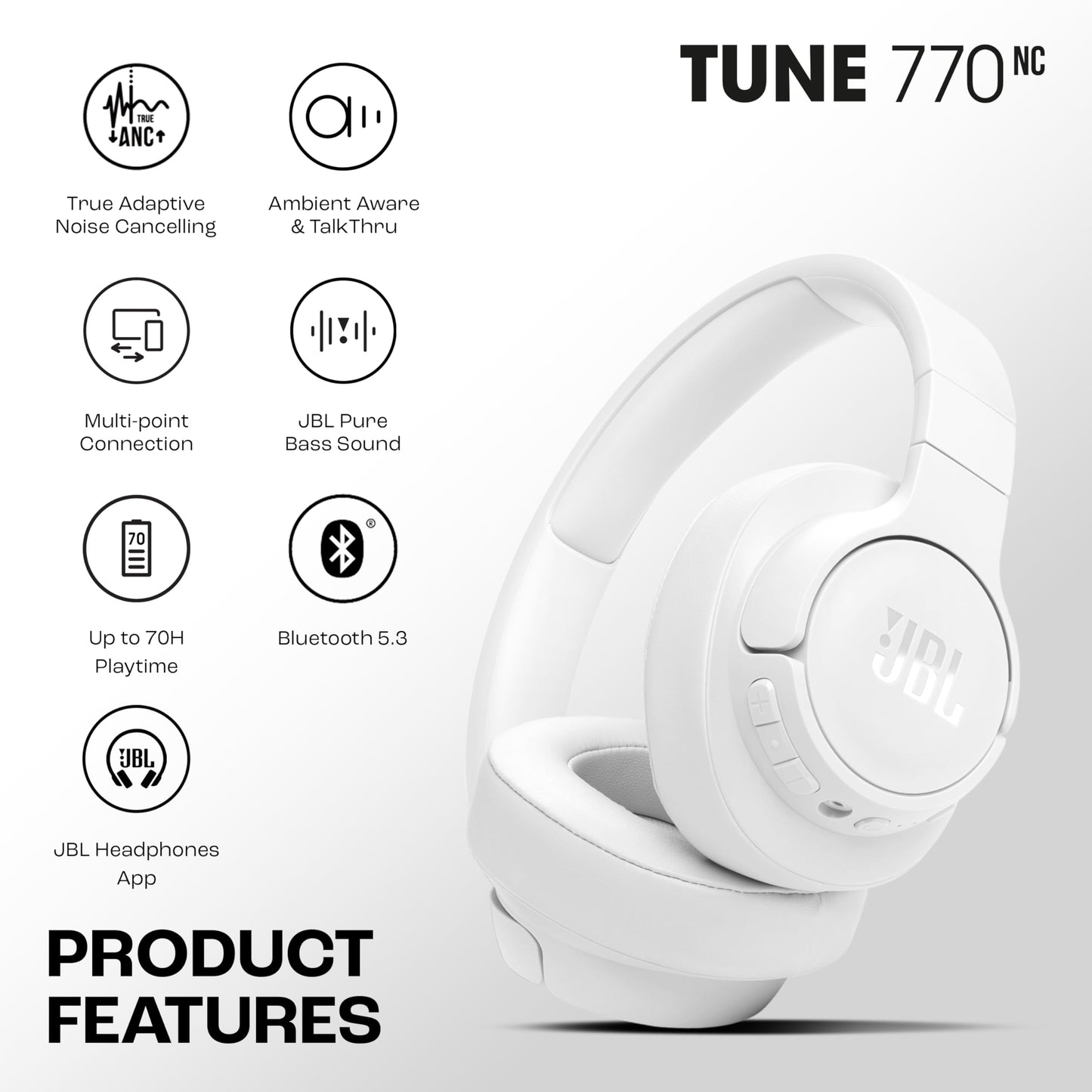 JBL Tune 770NC Wireless Over Ear ANC Headphones with Mic, Upto 70 Hrs Playtime, Speedcharge, Google Fast Pair, Dual Pairing, BT 5.3 LE Audio, Customize on JBL Headphones App (White)
