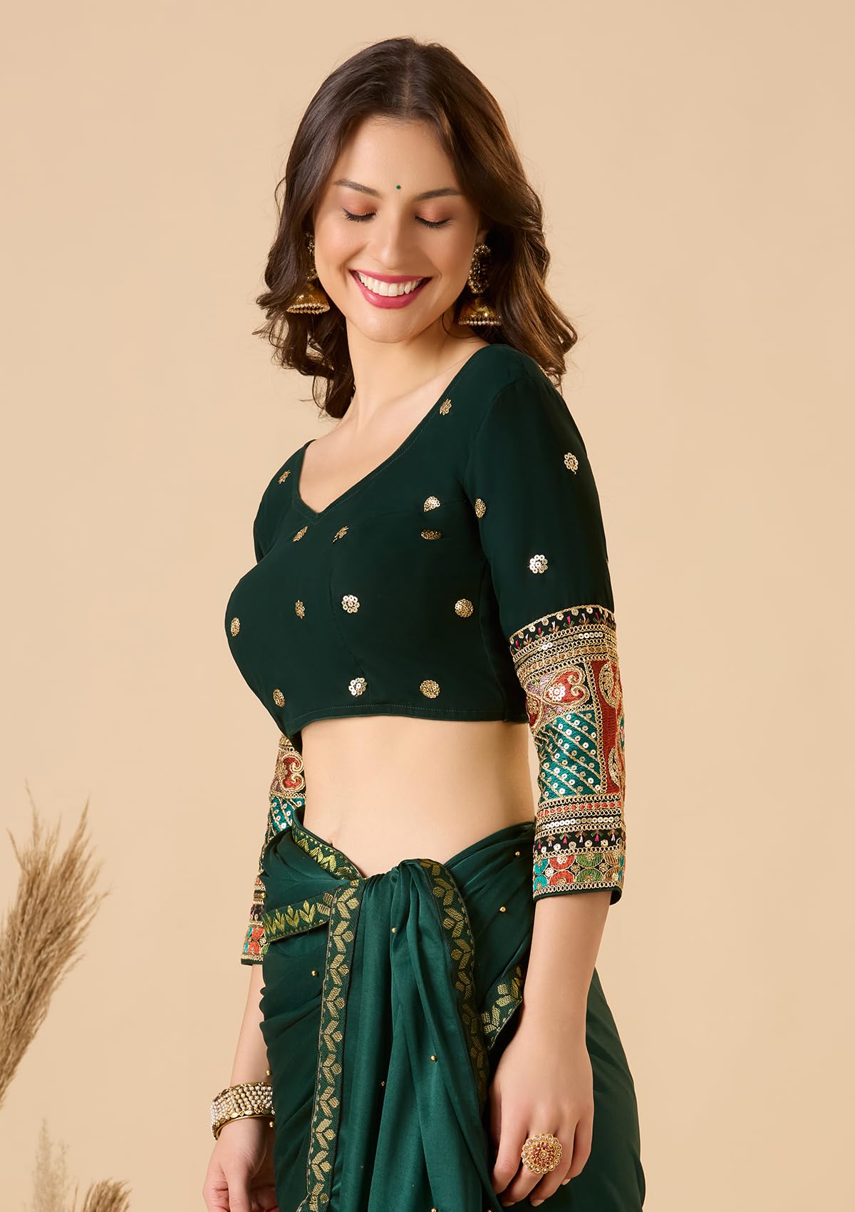 S SALWAR STUDIO Bottle Green Georgette Sweetheart Neck Full Sleeve Readymade Blouse