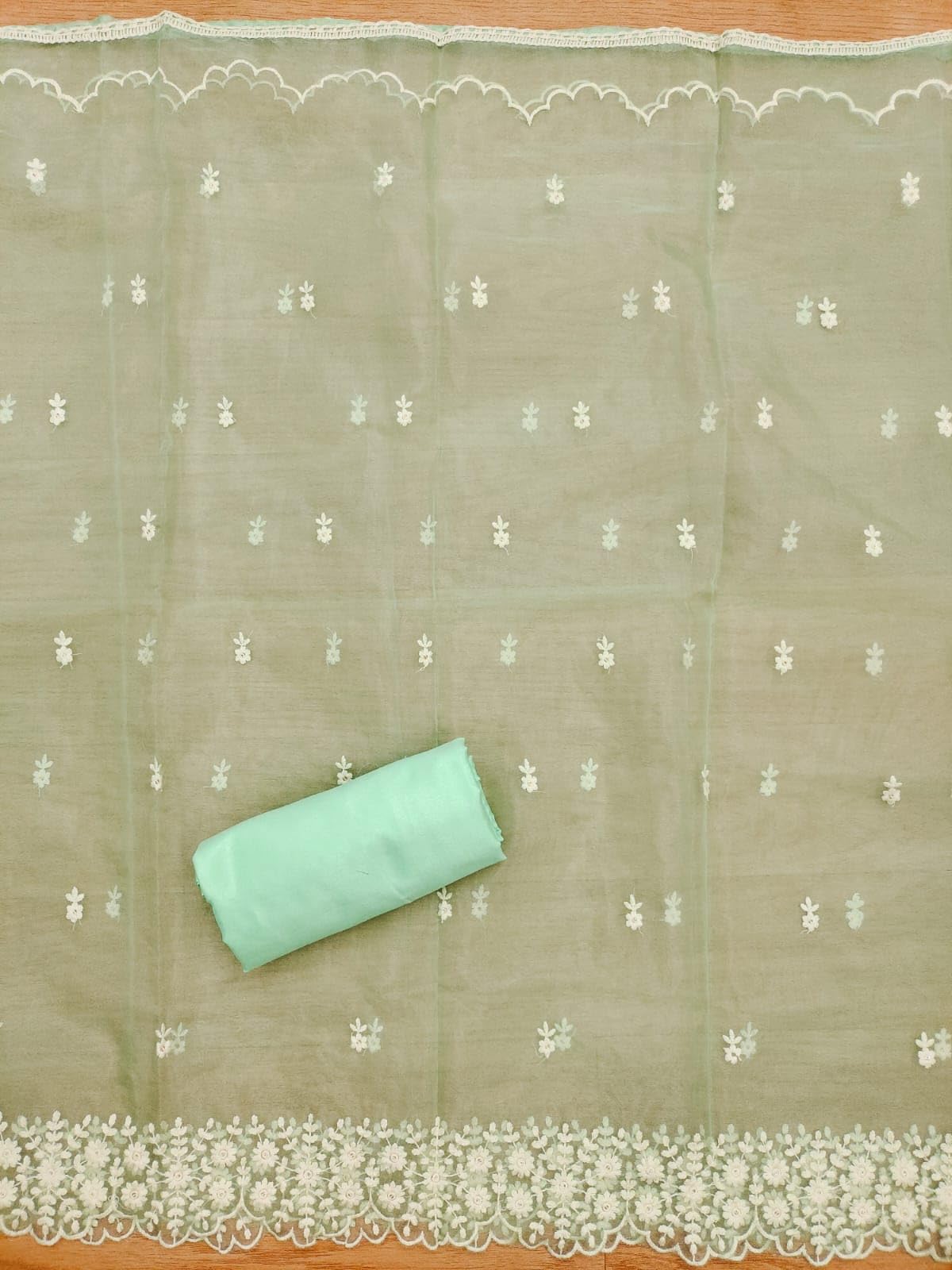 Pandadi Saree Women's Chanderi with Embroidery Work Dress Material (Mint Green)