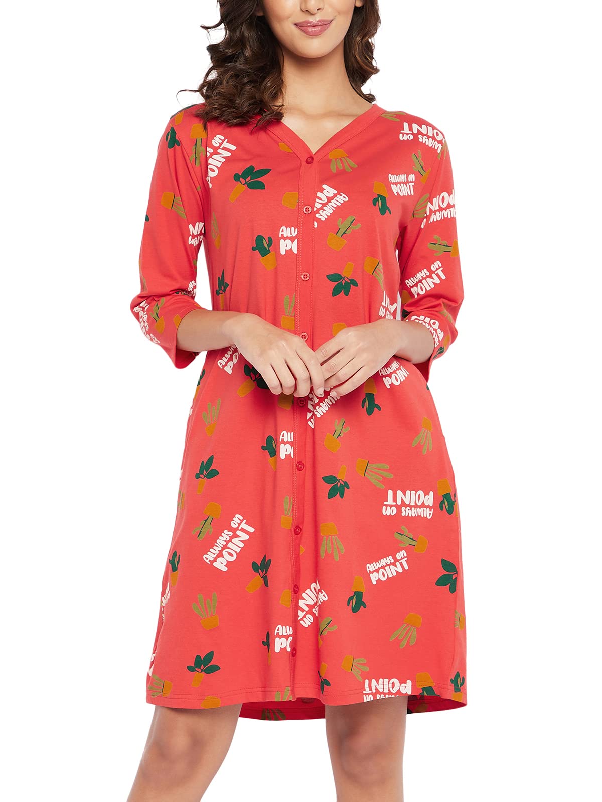 Clovia Women's Cotton Cactus Print Button Me Up Night Dress(NS1487P04_Red_S)