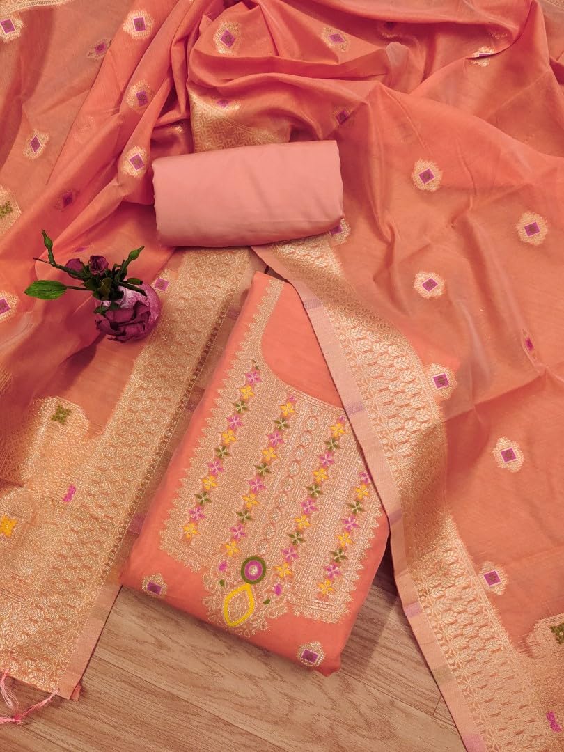 SHANTVAN GALLERY Chanderi Suit Pure Chanderi Banarasi Silk (3m)|Soft Cotton Bottom (2.5m)|Chanderi Banarasi Silk Dupatta (2.3m) with Tassels, Unstitched Material,Fits up to 60”,Length48(Peach)