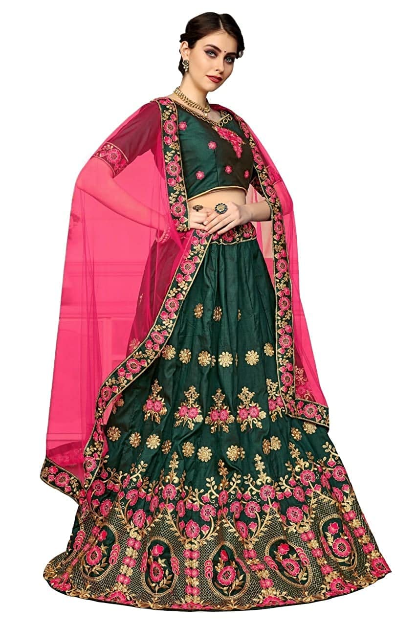 SAFERSKY Women's Semi stitched Heavy Embroidery Work Lehenga Choli Green & Light Pink Free Size