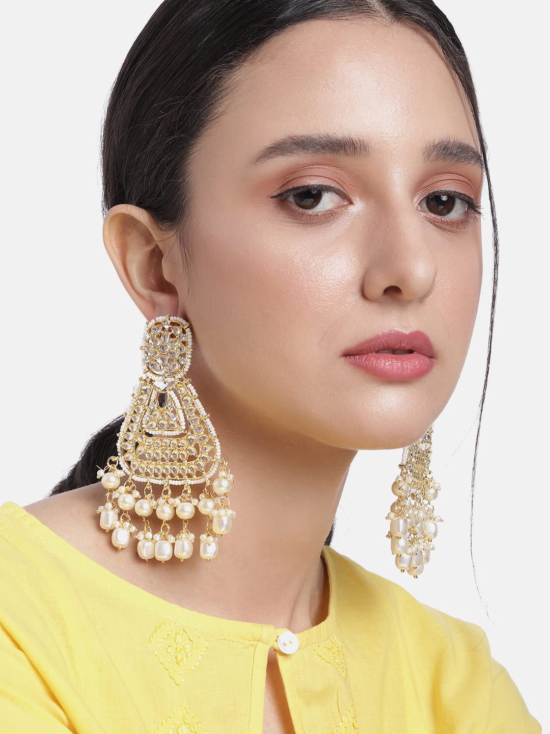 Peora Gold Plated Kundan Chandbali Earrings Glided With Kundans & Pearls for Women