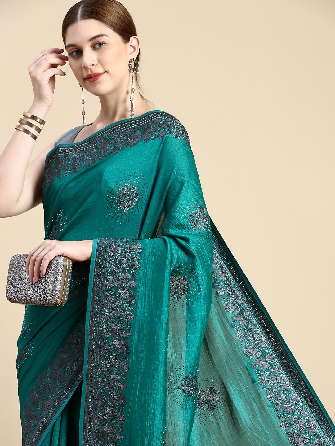 MOHEY Women's Art Silk Machine Resham & Zari Boota & Border Work Saree with Unstitched Blouse Piece - Green