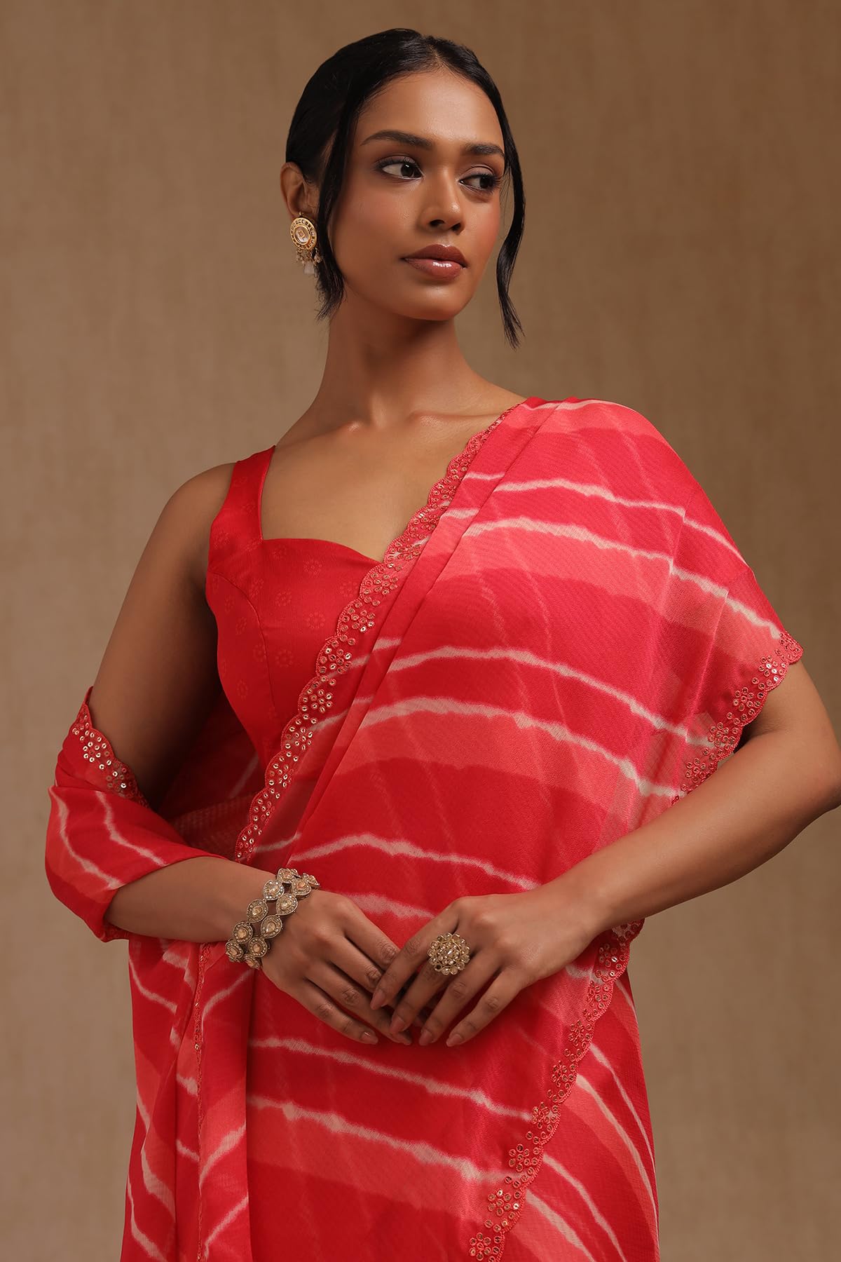 Soch Womens Red Georgette Leheriya Print Saree With Sequins