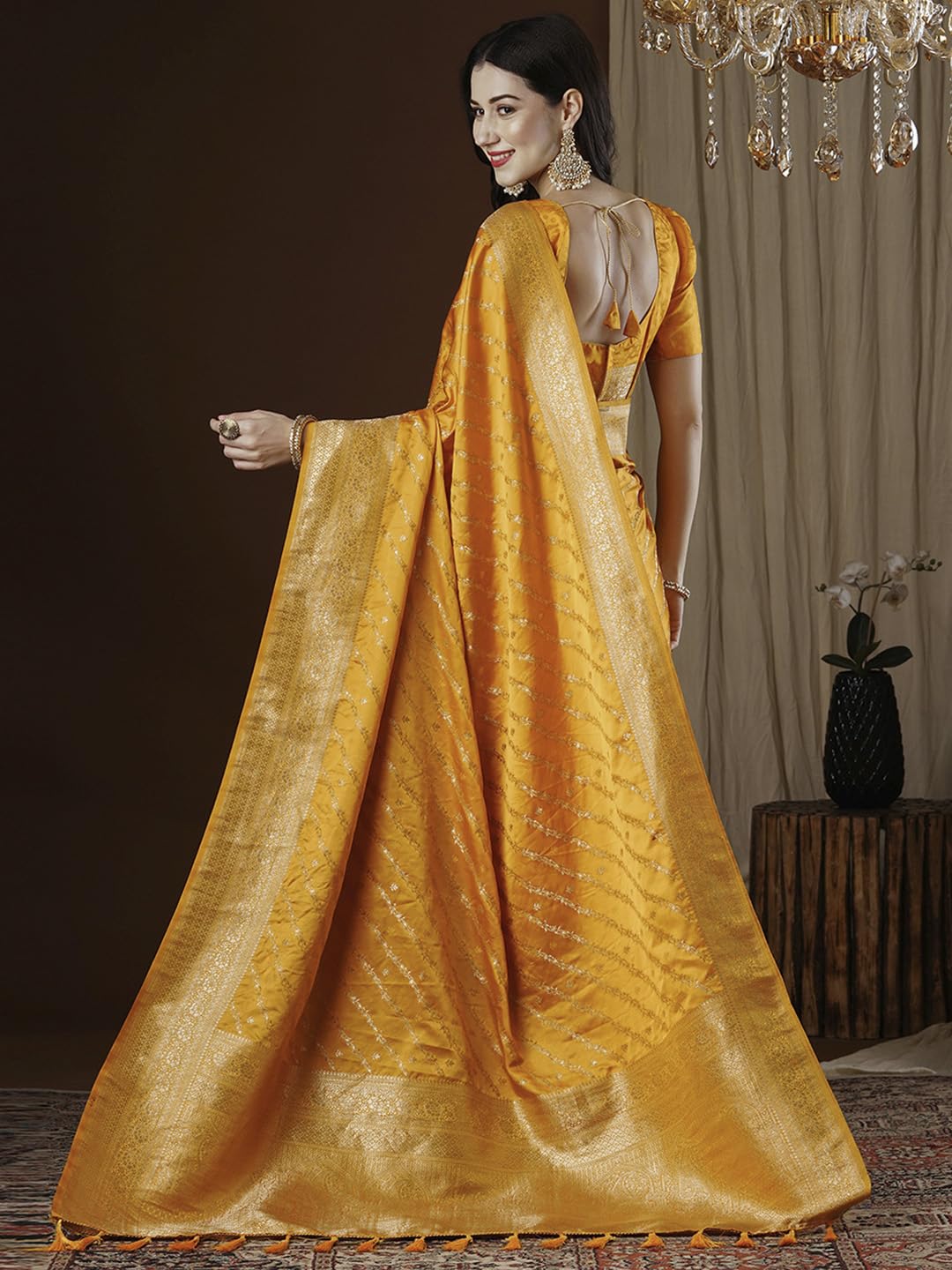 AKHILAM Women's Yellow Satin Silk Ethnic Motif Woven Design Saree With Unstitched Blouse (ARYA4404_FL)