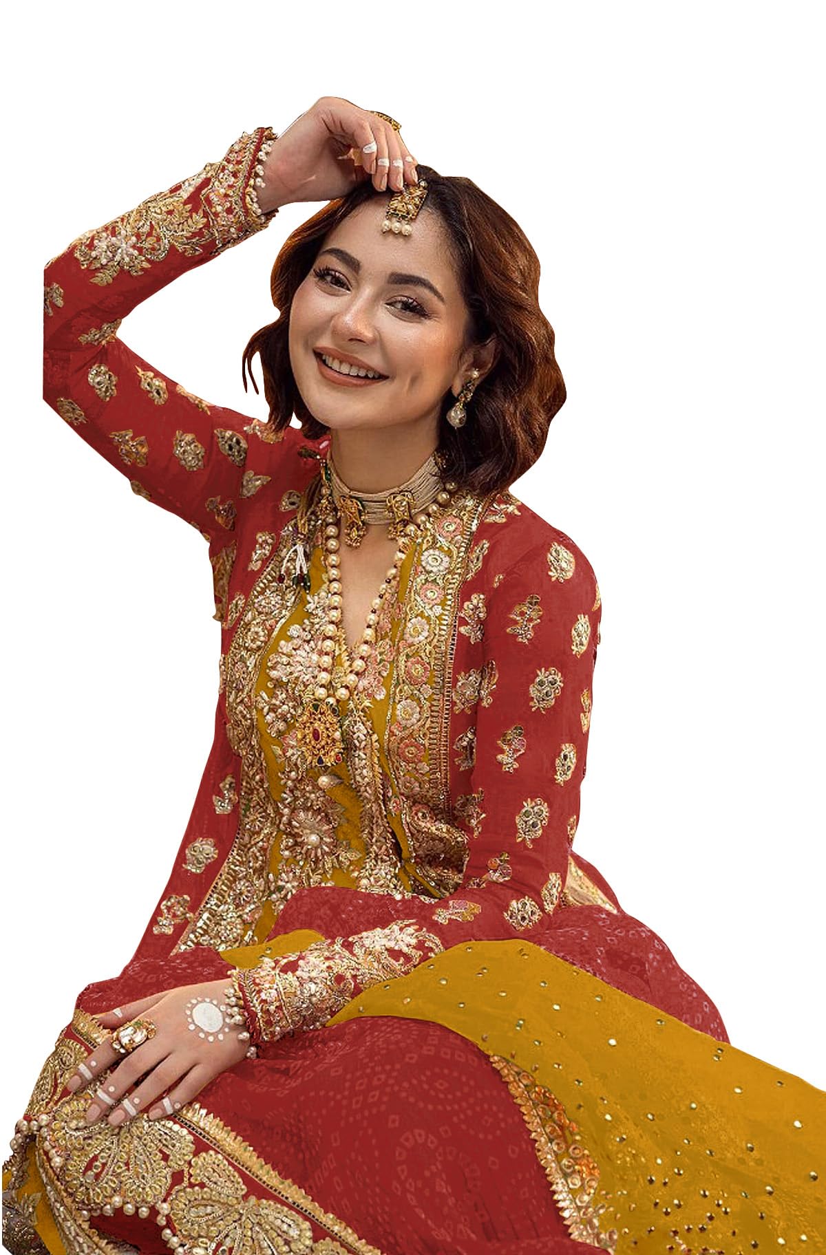 RUDRAPRAYAG Women's Mustard Color Traditional Organza Embroidered Semi Stitched Anarkali Suit Set With Embroidered Dupatta