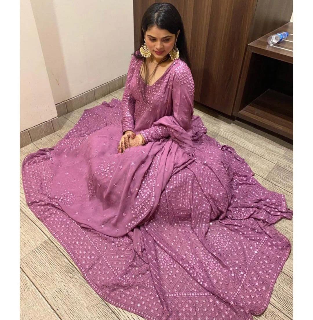 Omkar Textile's Women Light Purple Georgette Anarkali Gown With Dupatta Set (Ready To Wear) For Wedding, Evening,Party, Brthday Etc. (Xx-Large)