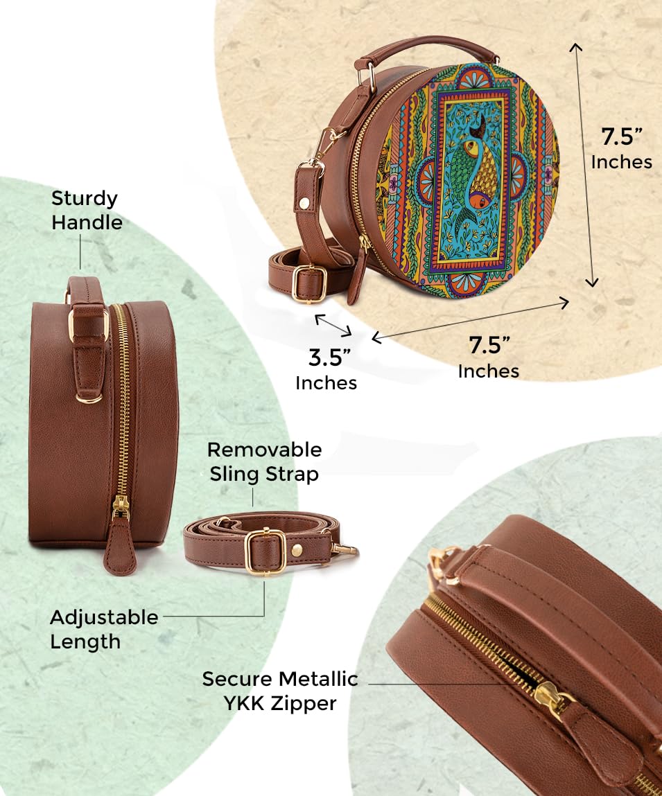 Kalankit Round Women Sling Bag | Stylish Pure Vegan Leather Crossbody Bag for Girls and Ladies | Detachable Shoulder Strap & Zipper Flap Bag | Multicolor