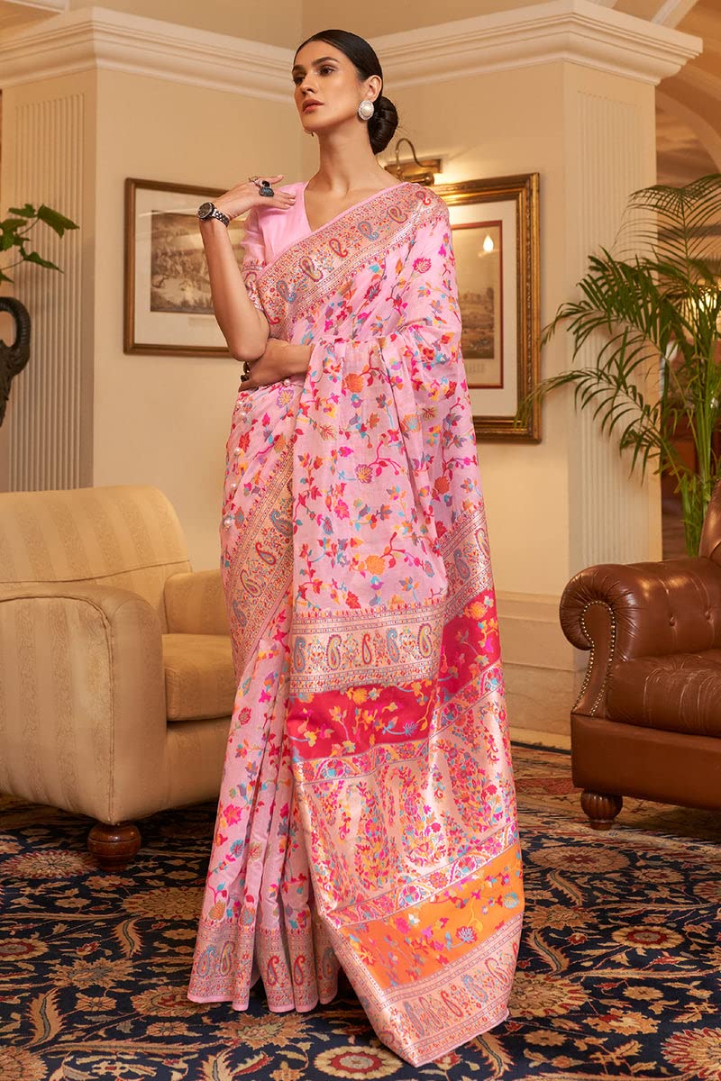 SGF11 Women's Kanjivaram Pure Soft Silk Handloom Saree Pure Golden Zari With Blouse Piece (Pink1)