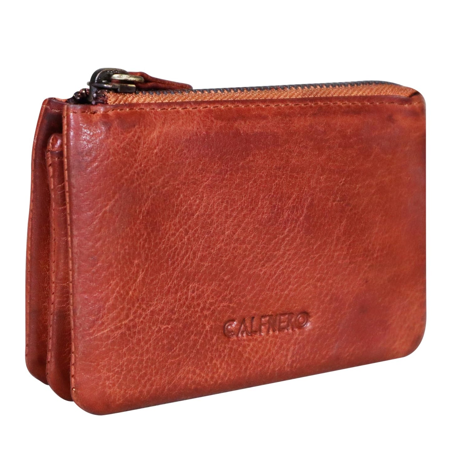 Women's Genuine Leather Wallet-Long Purse Wallet, Zip Pocket and Note Compartments (Cognac)