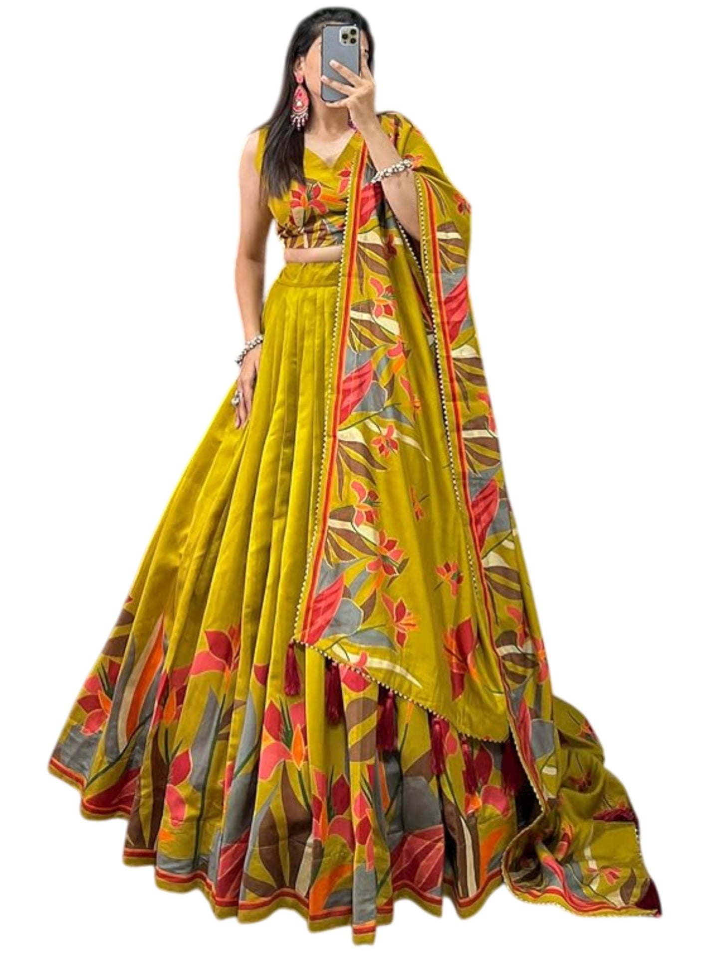 Snazzy Stitch Women's Collection Dolla Silk Lehenga Choli Print with Foil Work With Unstitched Blouse (Yellow)