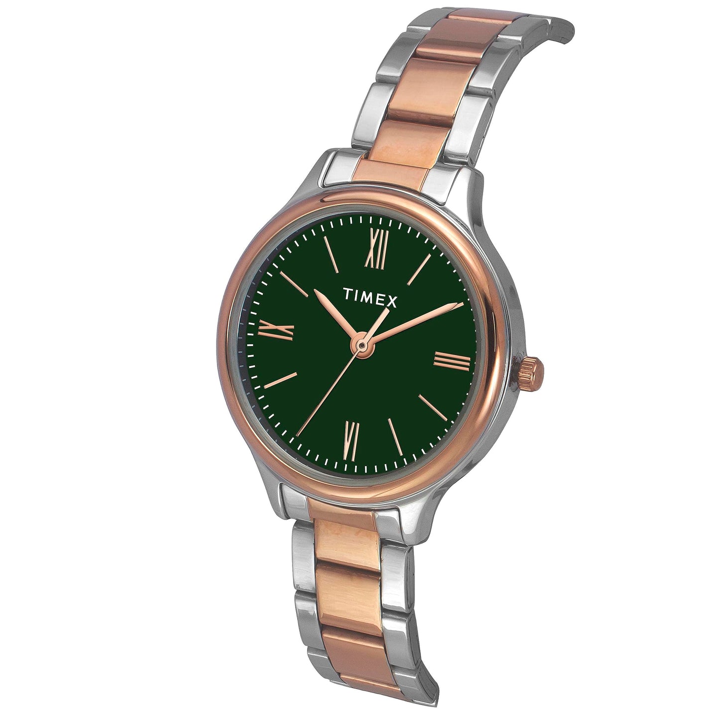 TIMEX Analog Watch for Women with Green Round Dial & Two Tone Stainless Steel Bracelet Band Water Resistant Women's Wrist Watches - TWTL121SMU04