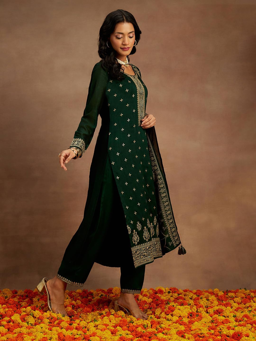 Libas Womens Embroidered Silk Blend Straight Kurta With Trousers and Dupatta