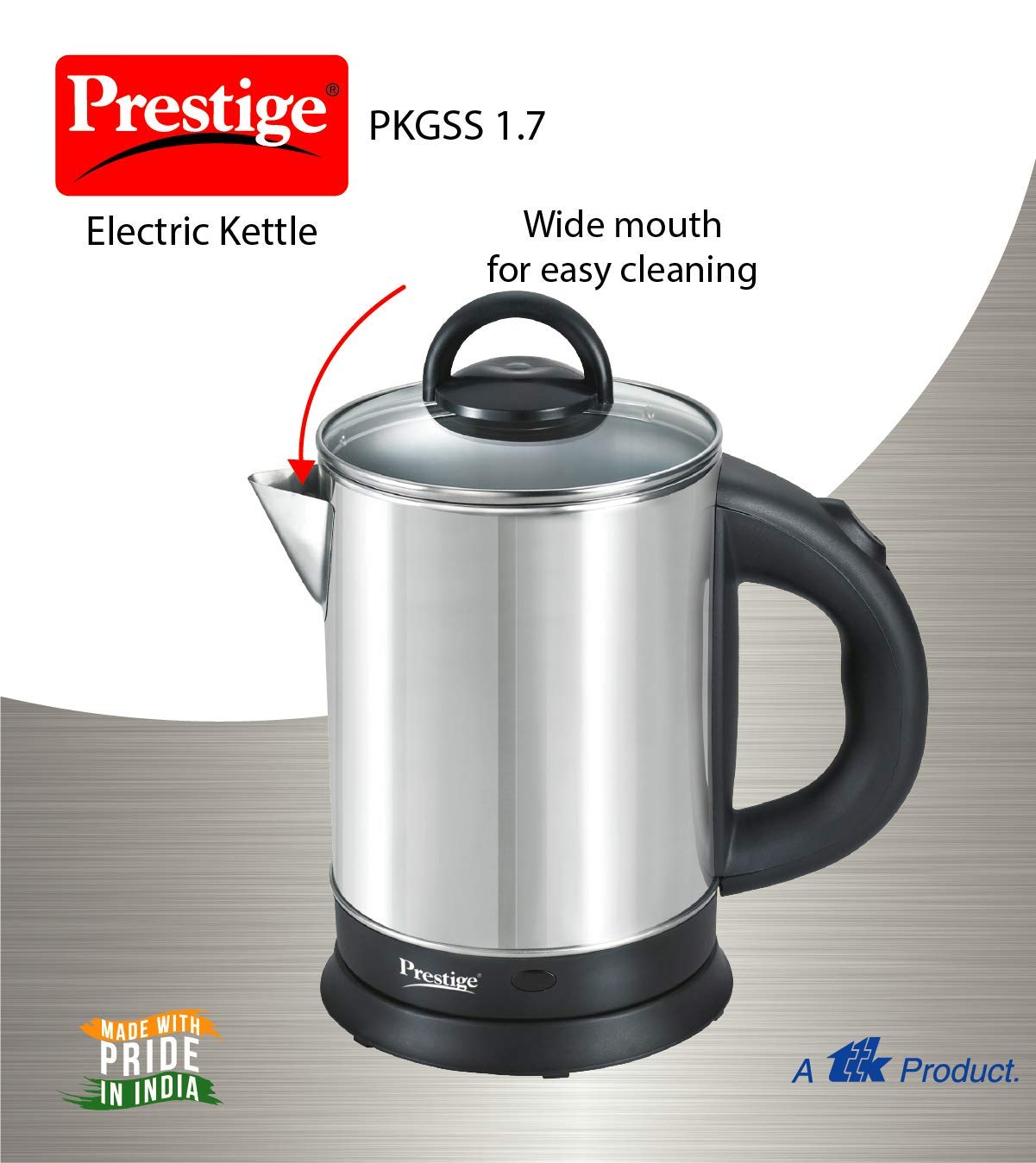 Prestige 1.7L PKGSS Stainless Steel Electric Kettle | 1500 Watts | Glass Lid with heat resistent handle | Single Touch lid locking |Automatic Cut Off | Silver