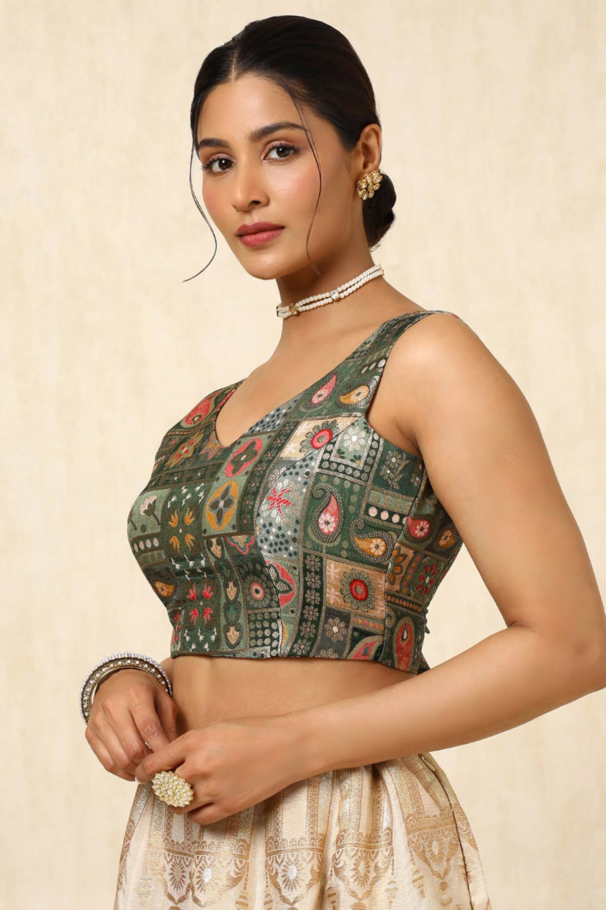 Soch Womens Olive Tussar Zari Woven Padded Blouse