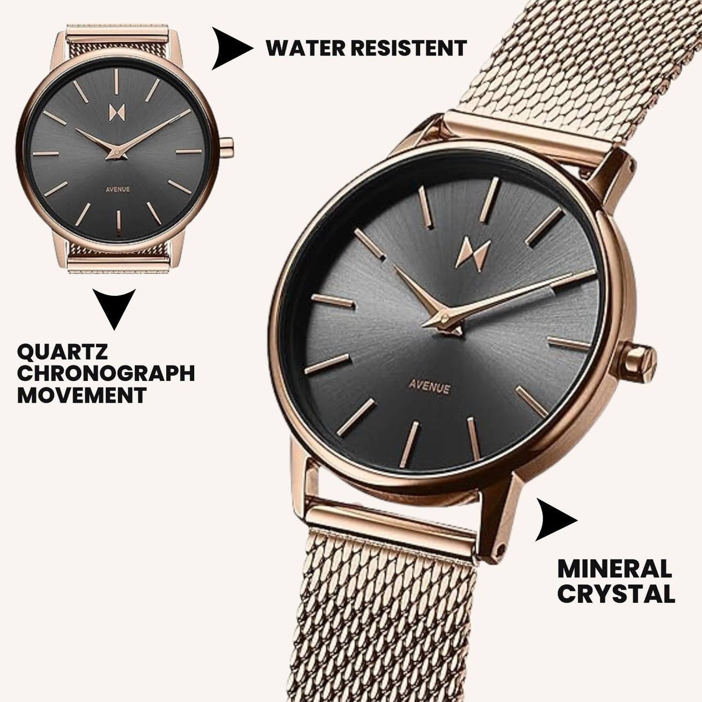 MVMT Avenue Qtz Basic Slim Gunmetal Round Dial Women's Analog Watch|Ionic Plated Rose Gold Steel Material|Gold Color Band - 28000224-D