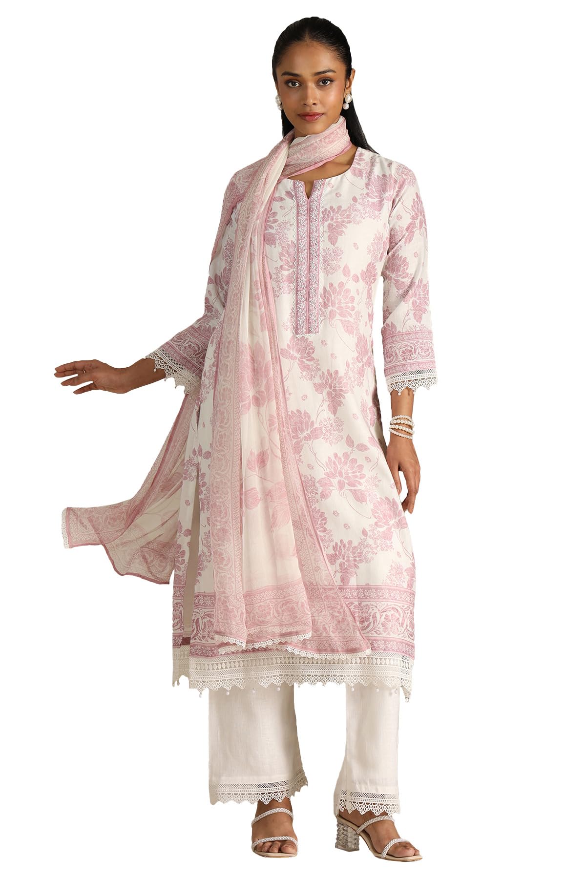 Soch Womens Off White Linen Floral Print Suit Set With Sequins