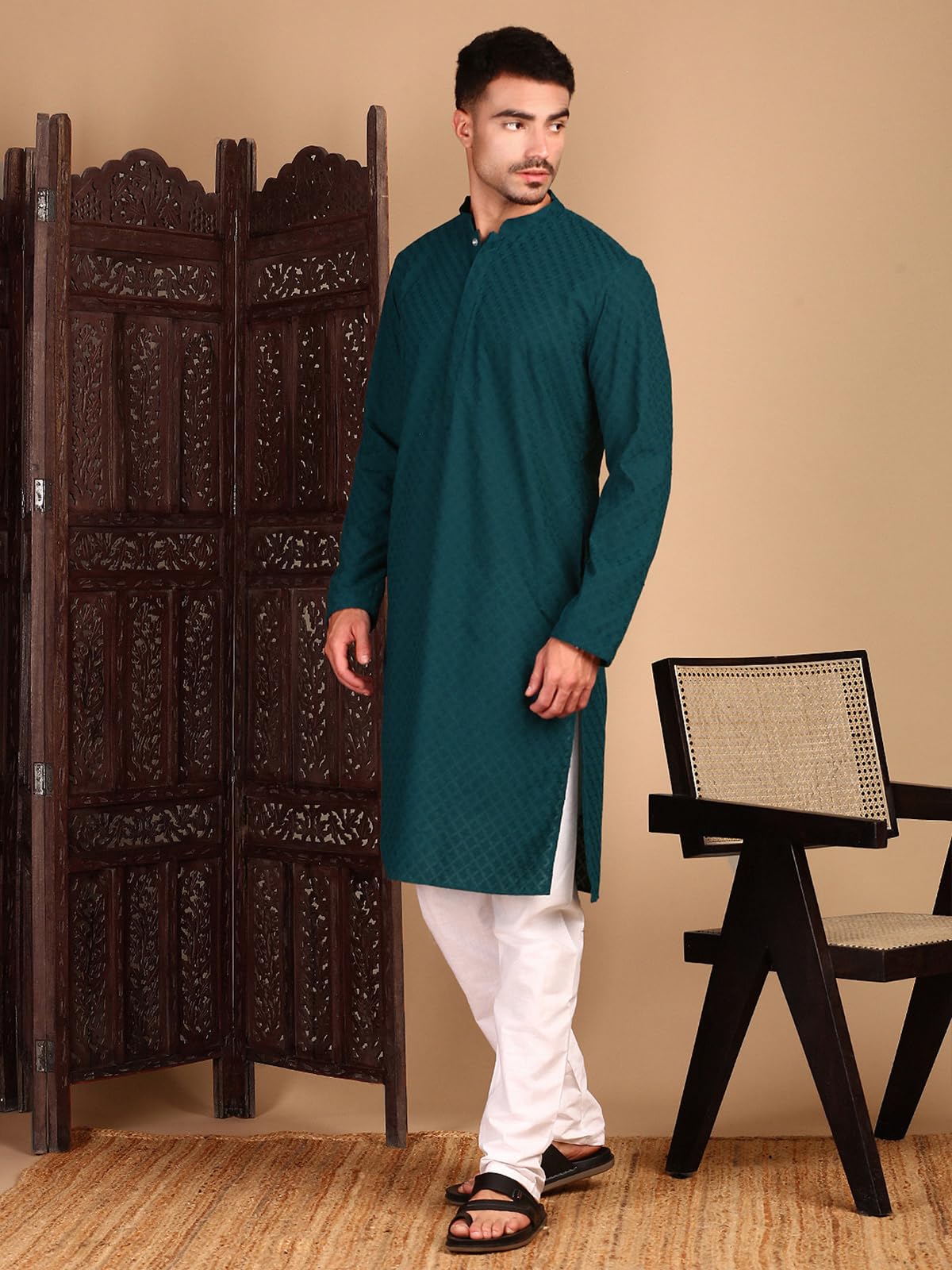 Sanwara Men's Cotton Geometric Regular Kurta Set