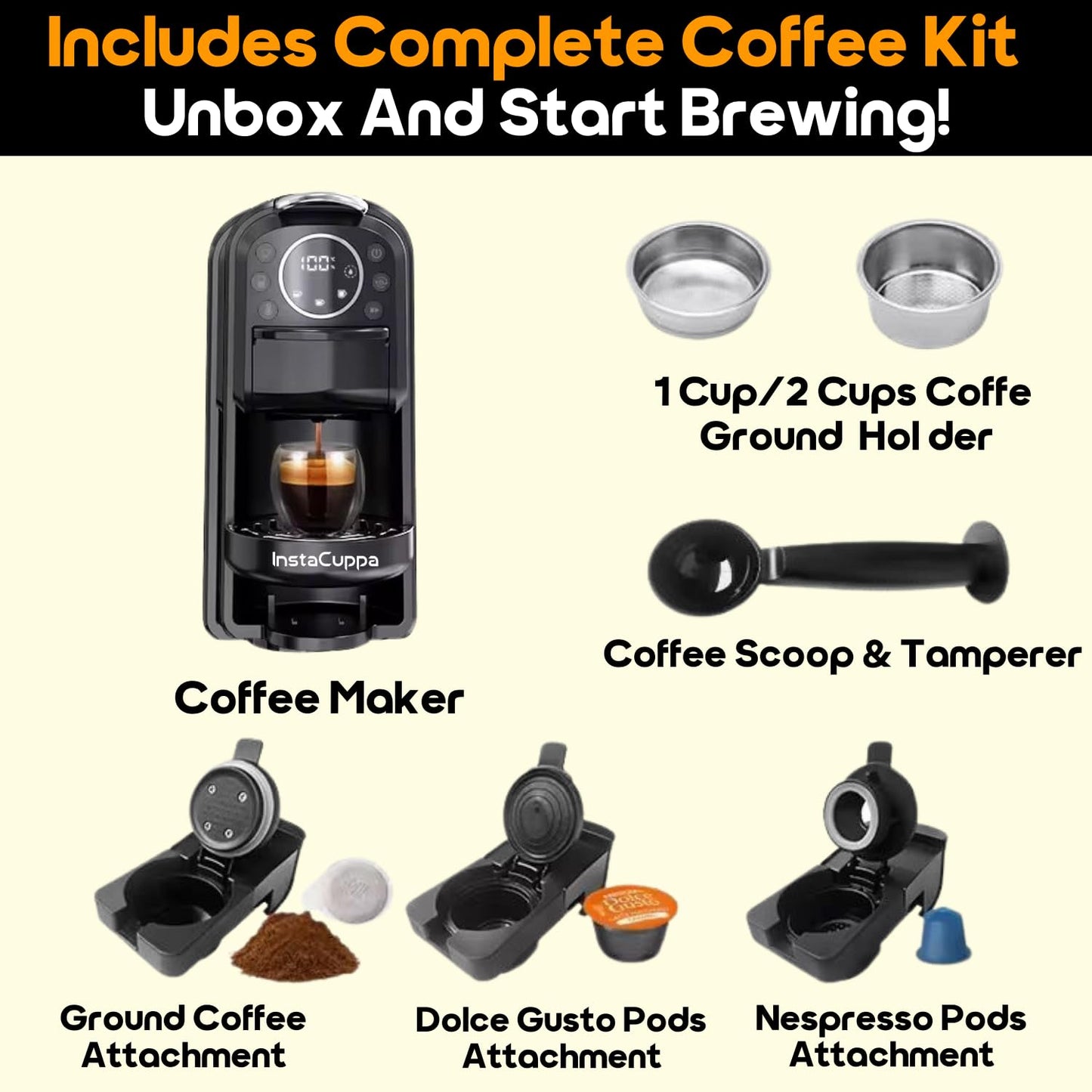 InstaCuppa 3-in-1 Espresso Coffee Maker, Works with Ground Coffee, Pods & Capsules, Electric Kettle Mode with Temperature Control, Adjustable Volume, Self-Cleaning, LED Touch Control and Display