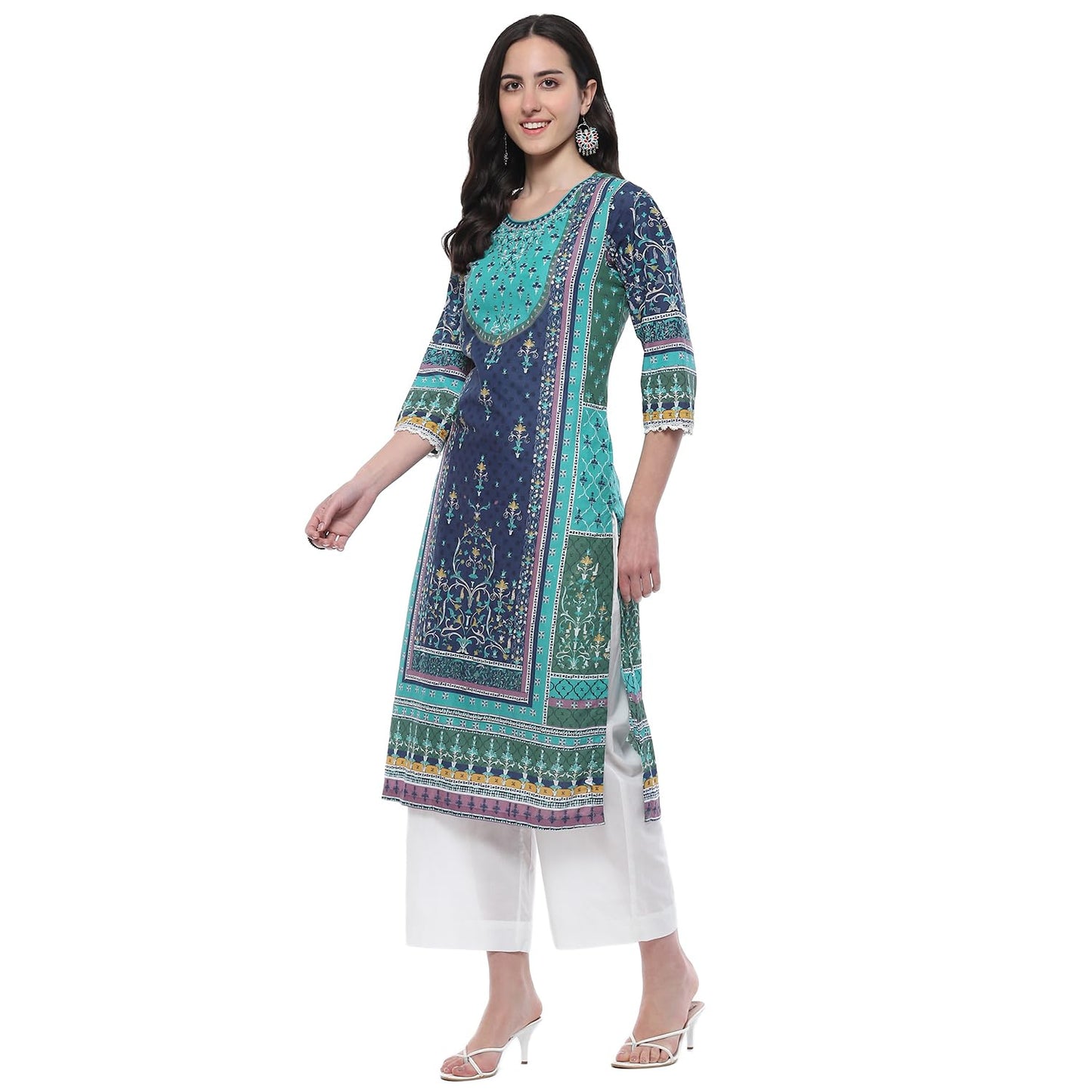 BIBA Cotton Women Printed Straight Fit Kurta Mix and Match(Assorted20018_Teal_34)