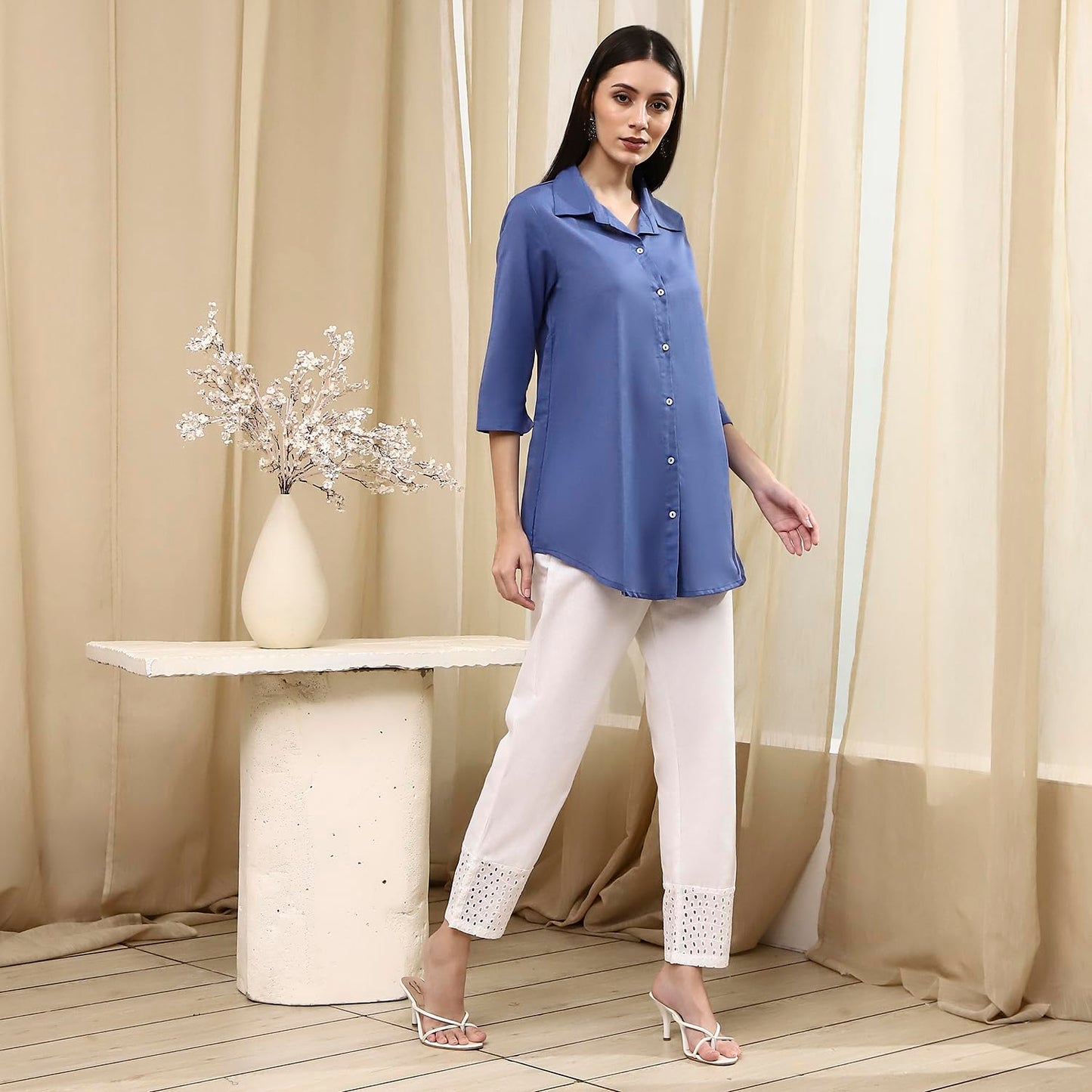 BIBA Women's Cotton Blend Solid Regular Shirts (SLDCR21577EAW24DSBLU_Dusk Blu