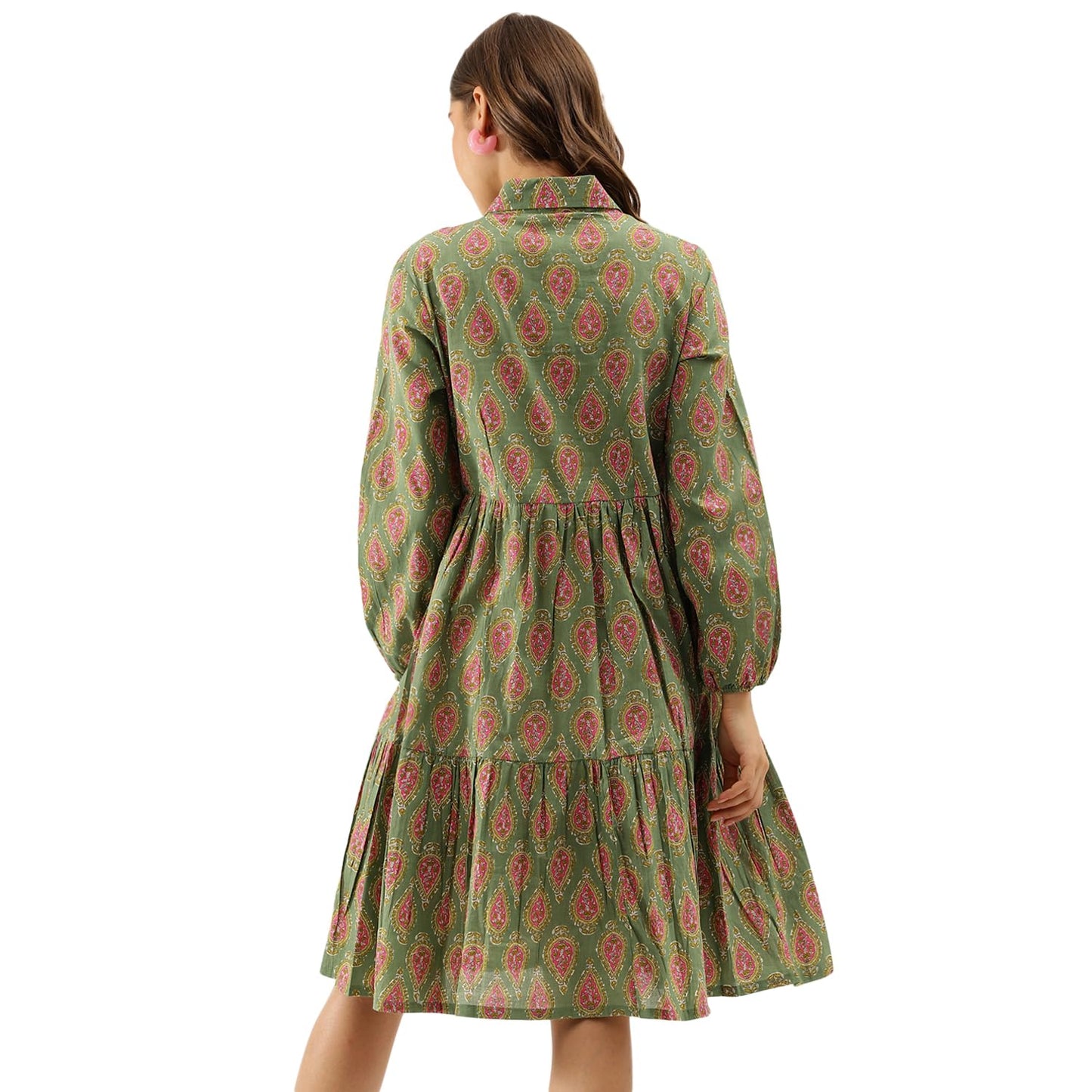Divena Green Paisley Printed Cotton Dress for Women