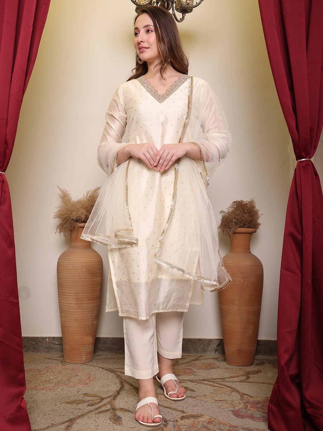 FABIAN FASHION Women’s Off-White Chanderi Straight Kurta Set with Pant & Net Dupatta | Sequinned Embroidered Ethnic Wear Kurta Pant Dupatta Set (ES_7539_OFF WHITE_L)