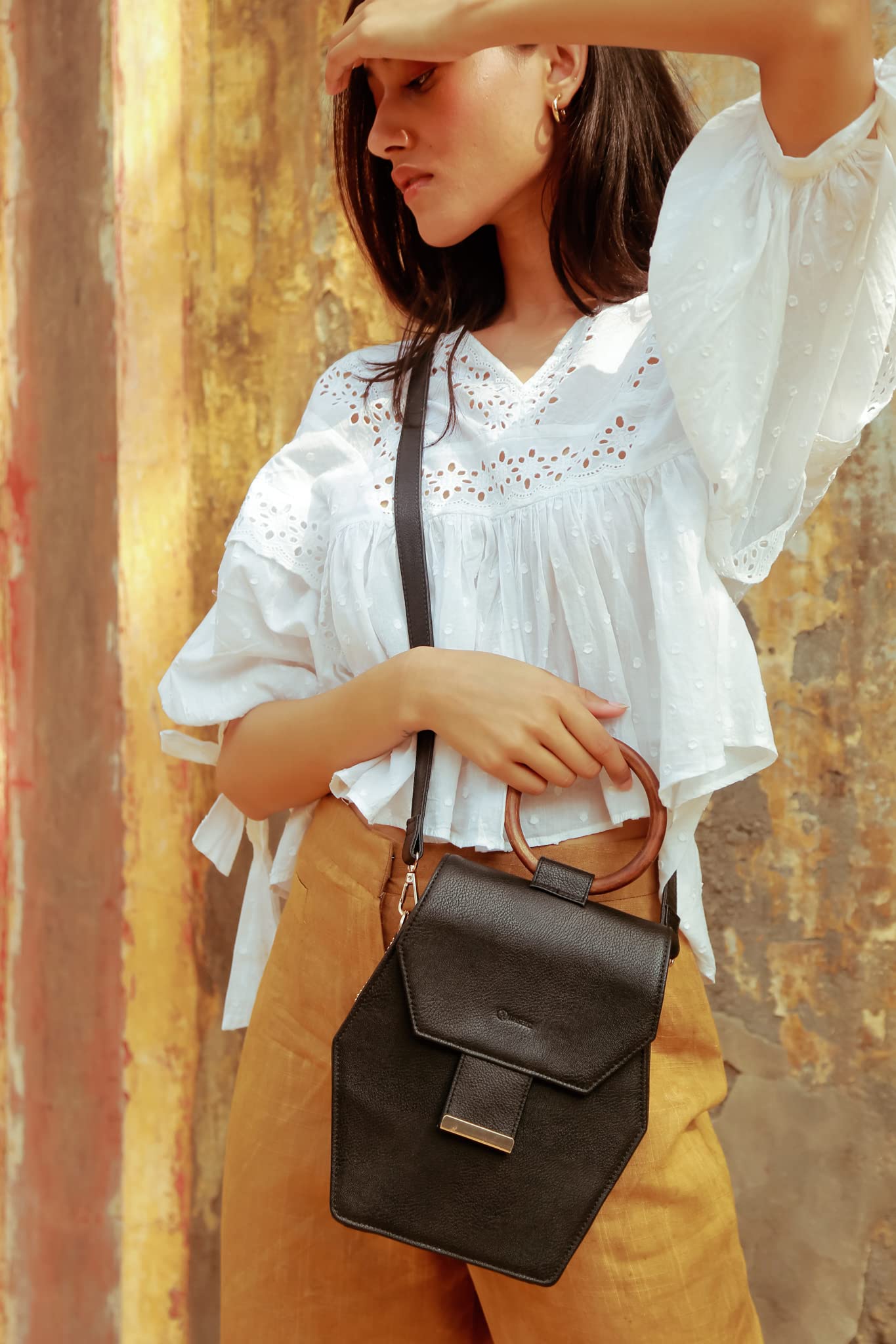 RASHKI ESA BLACK - Womens Vegan Leather Hand Bag | Real Wood Handle | Spacious Compartment | Flip Closure