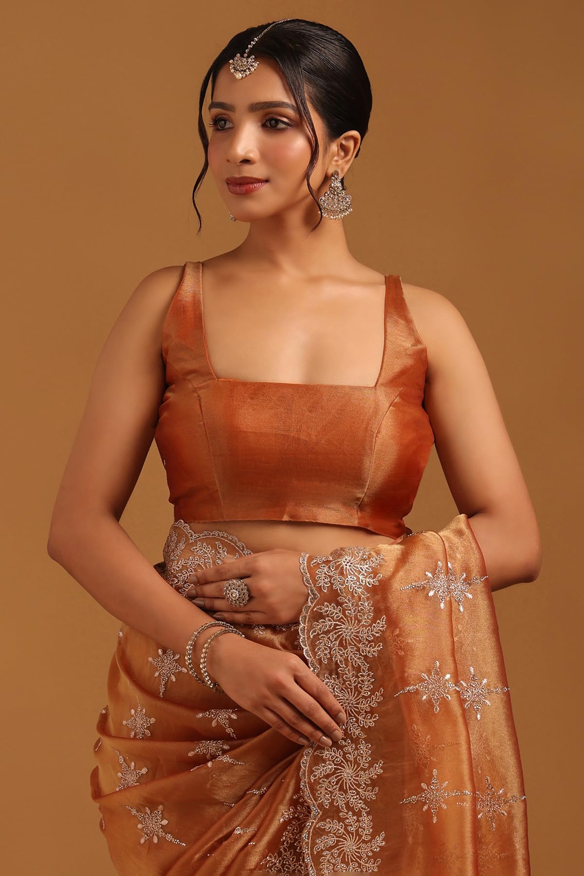 Soch Womens Peach Tissue Ethnic Motifs Saree With Stone Work