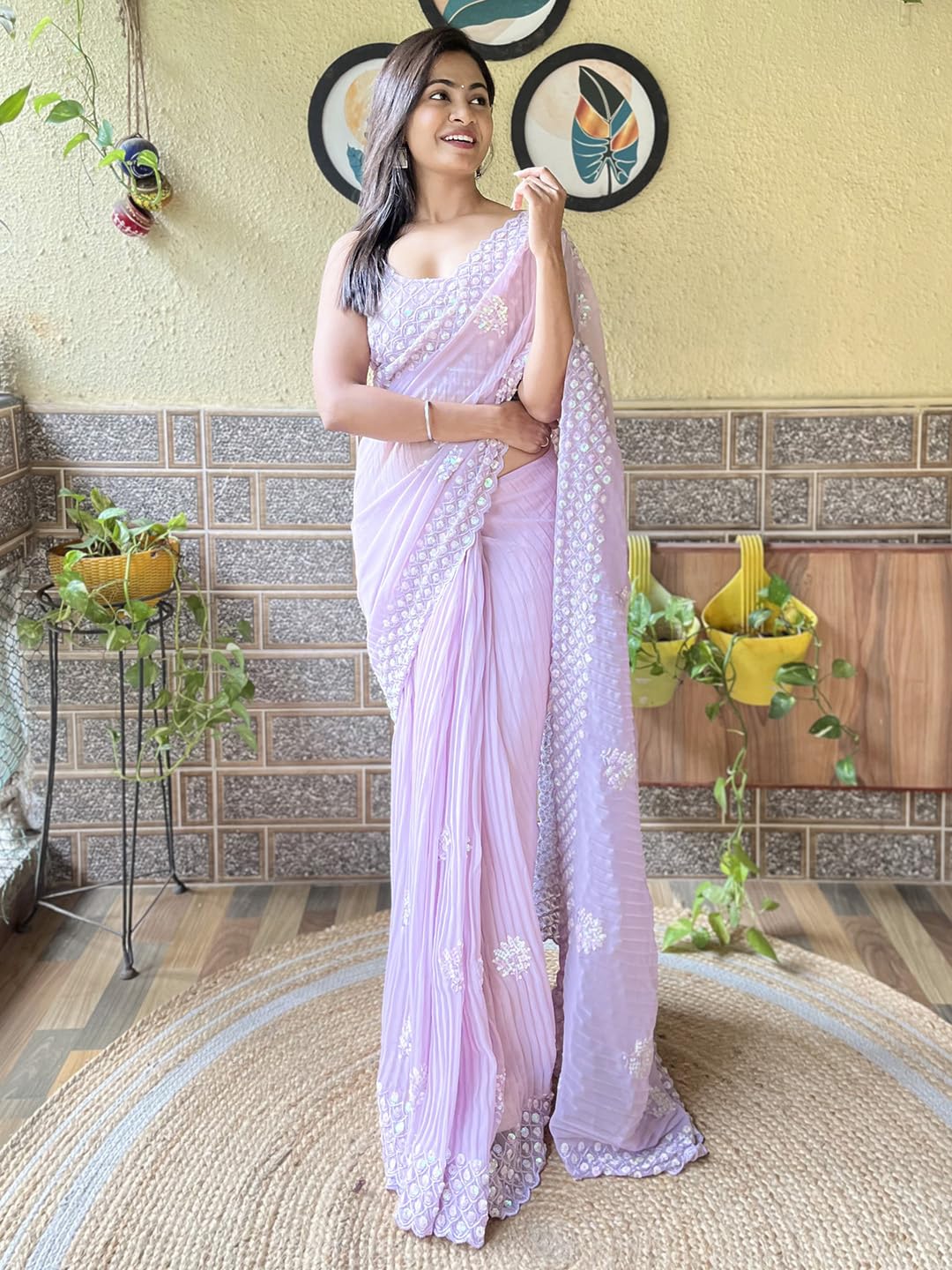 AKHILAM Women's Lavendar Georgette Sequins Embellished Saree with Unstitched Blouse Piece (KESARI4205_KR)