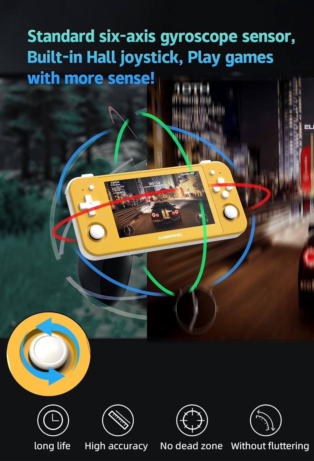 New World Anber-nic RG505 Android 12 Portable Game Console, Unisoc Tiger T618, 128GB Support 3172 Games, Gyro Sensor, 4.95" OLED Touchscreen, Support PS2 /PSP games Handheld Video game-Yellow