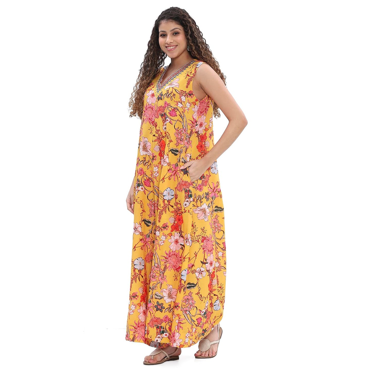 Biba Women's Cotton Straight Floor Length Jumpsuit (SMGR4113SS25YEL_Yellow