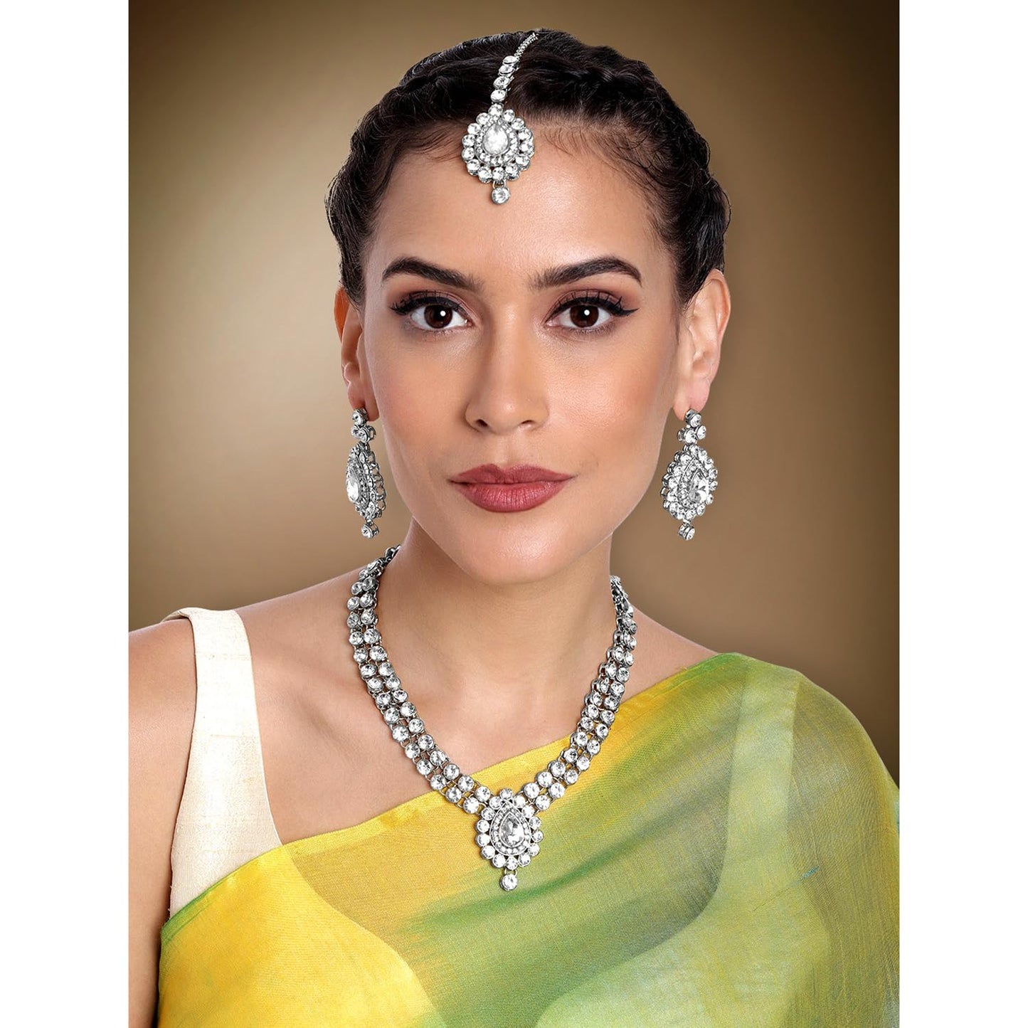 Peora Silver Plated Crystal Studded Necklace Earrings Maangtikka Set Contemporary Jewellery for Women