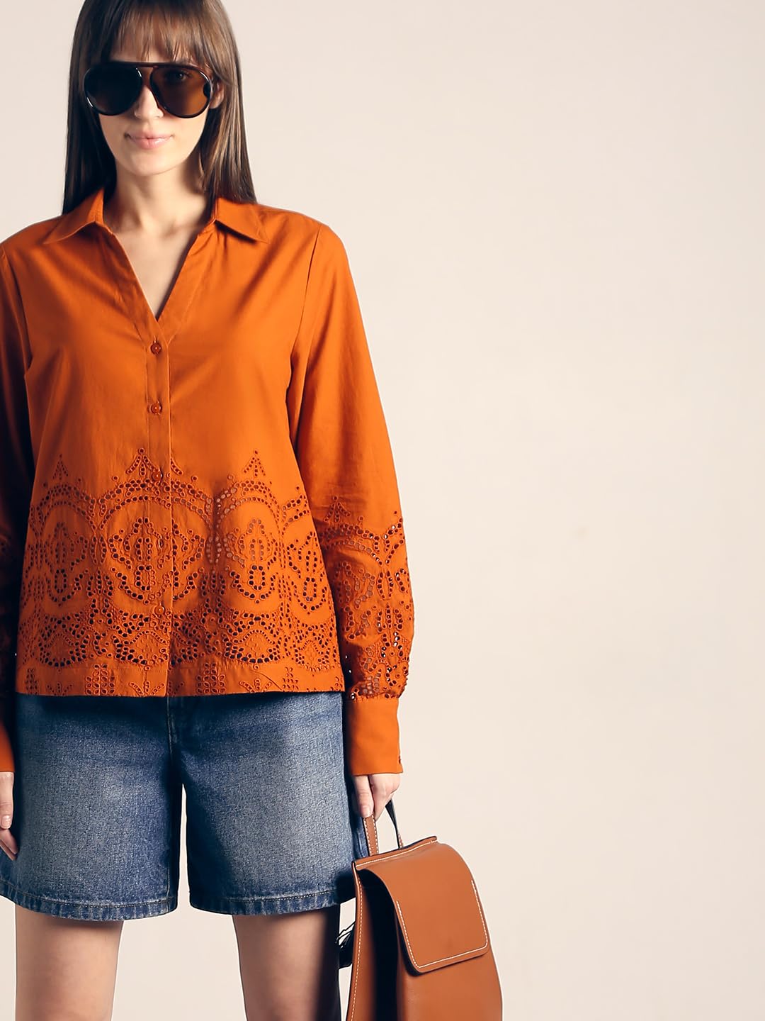 VERO MODA Women's Cotton Regular Fit Brown Shirt