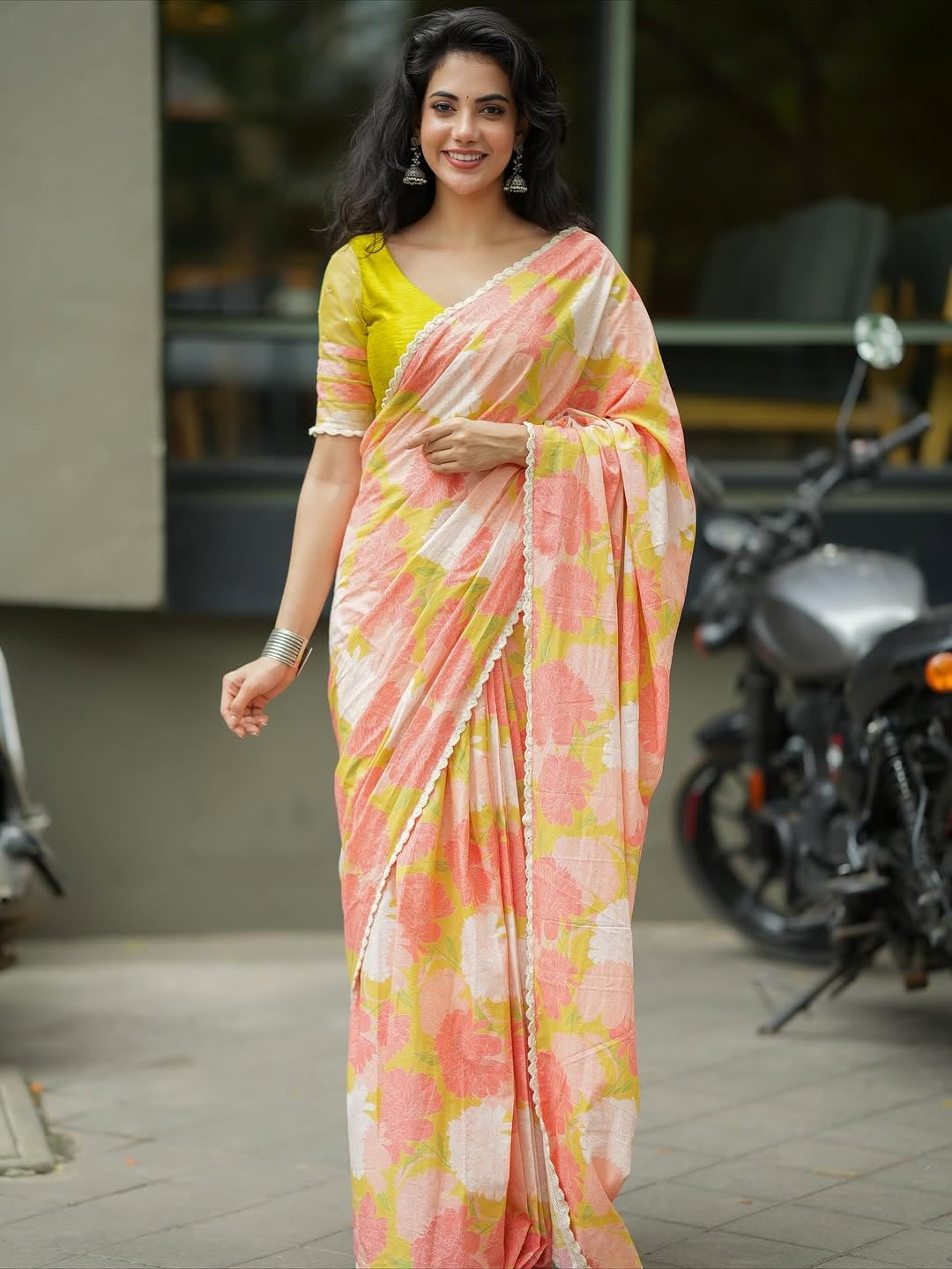 MARGI DESIGNERS Womens New Latest Bollywood Style Linen Cotton Floral Printed Fancy Lace Border Peach Saree with Blouse | Saree For Womens