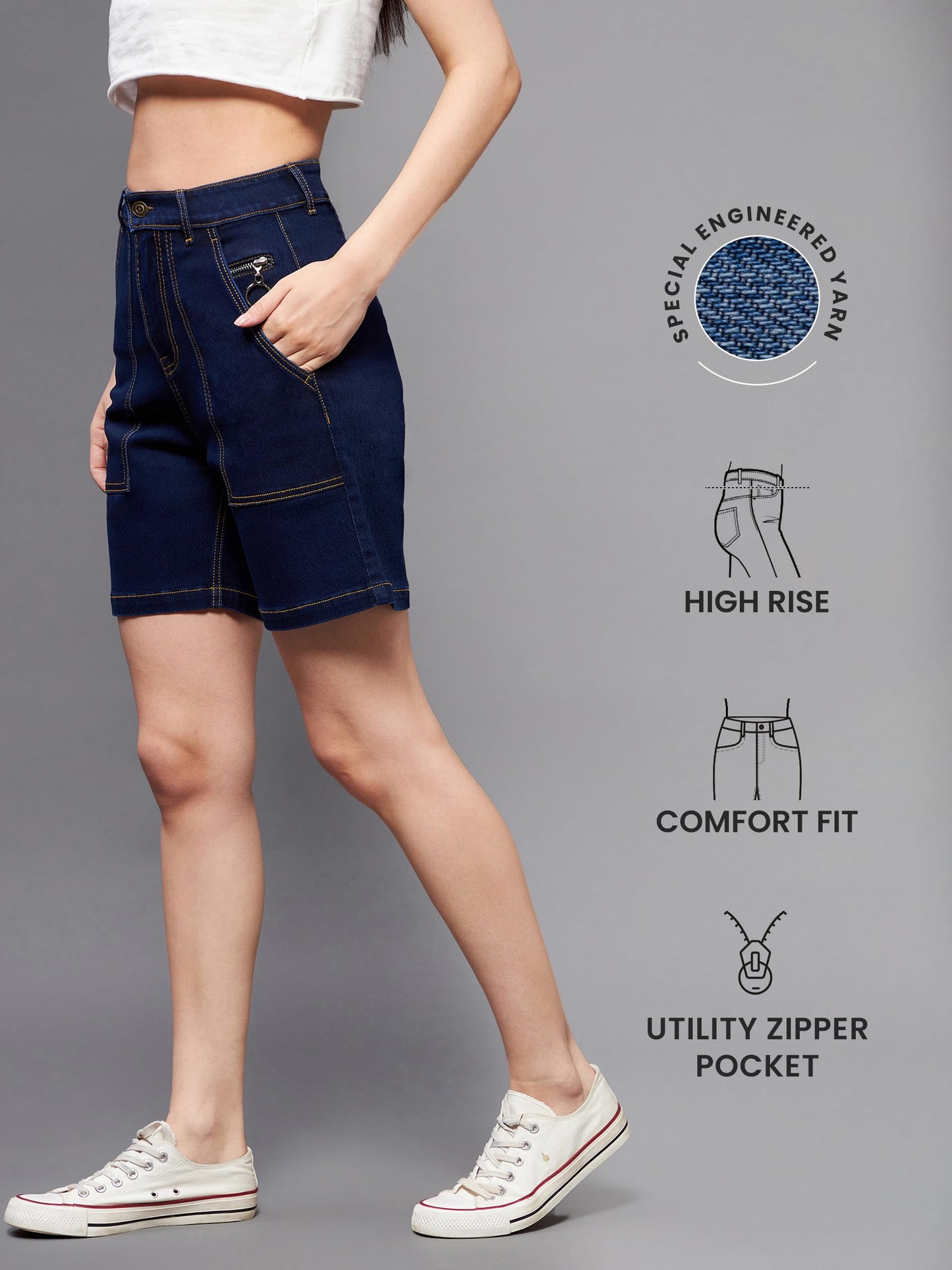 Miss Chase Women's Regular Length High Rise Clean Look Above Knee Stretchable Denim Shorts (MCSS22DEN09-06-71-26, Navy Blue, 26)