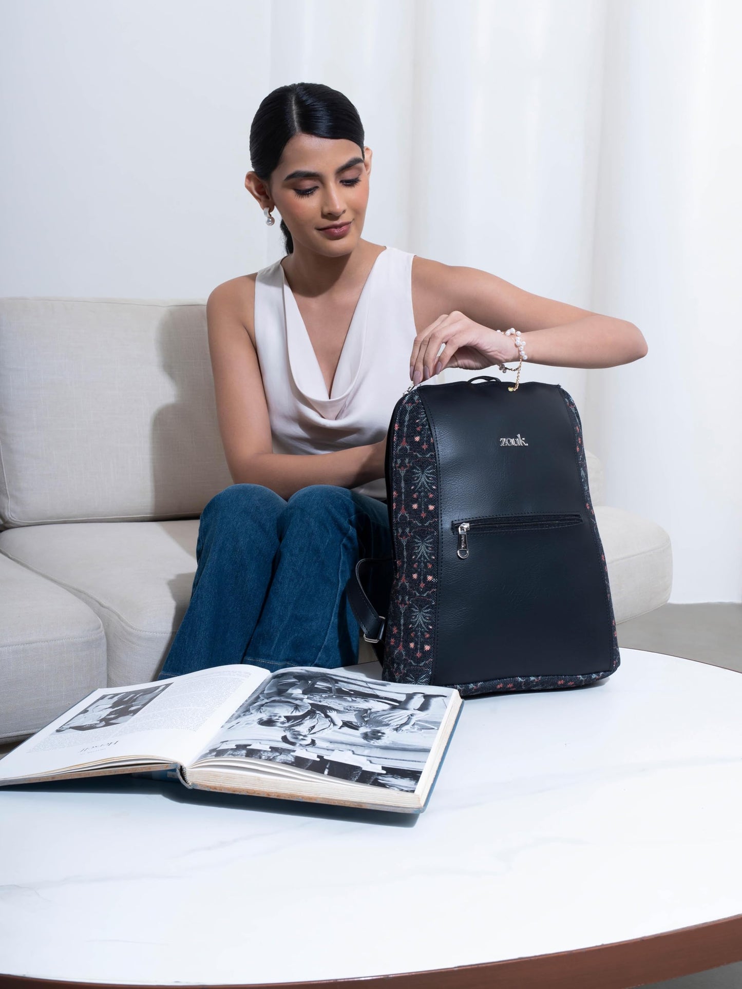 ZOUK Taj Guldasta Floral Printed Women Vegan Leather Black 14 inch, Stylish and Trendy College backpacks for girls - 15L