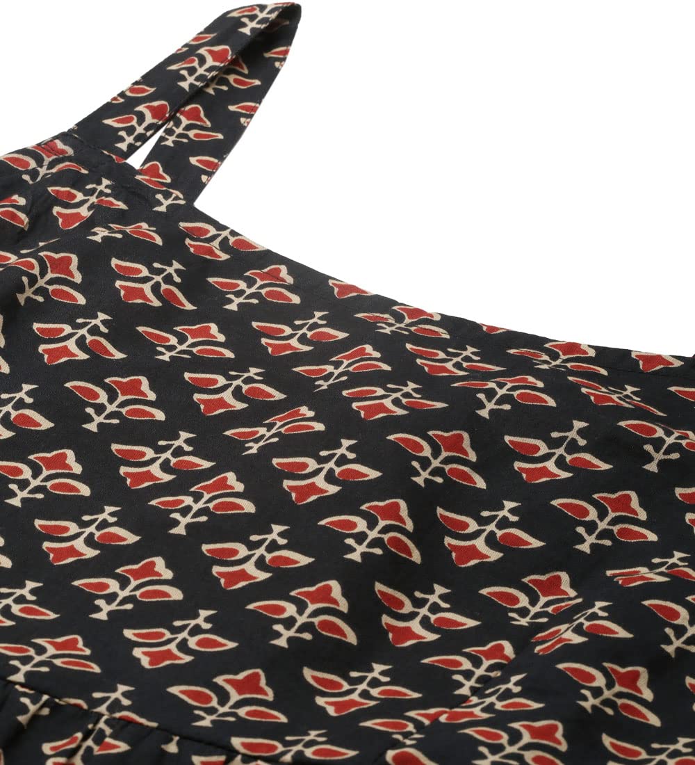 Divena Women Black Floral Printed Fit and Flare Shoulder Strip Long Dress,Medium