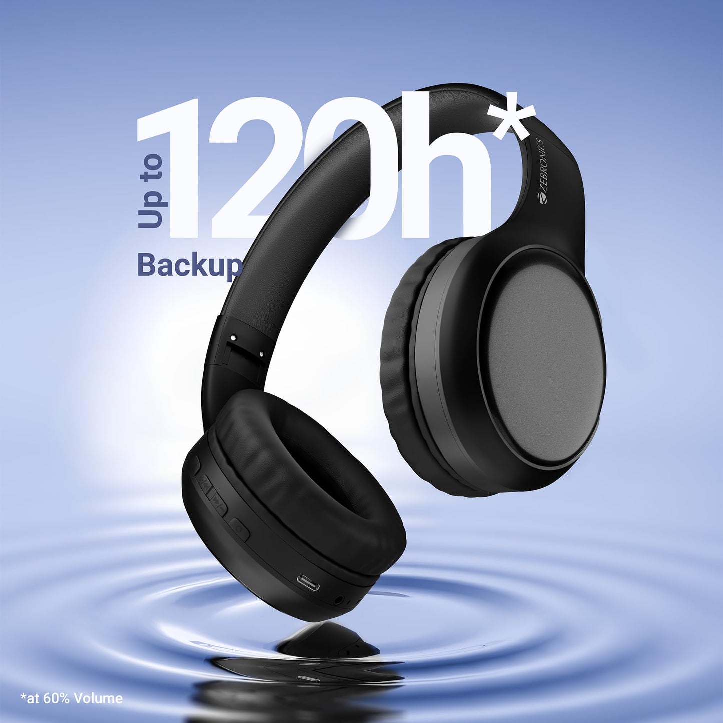 ZEBRONICS Thunder Max Bluetooth Over Ear Headphone with 120*Hrs Playback, 3 EQ Modes, 40mm Bass Driver, Fast Charging, ENC, Gaming Mode, Dual Pairing, BT v5.4, AUX, Metallic Finish (Black)