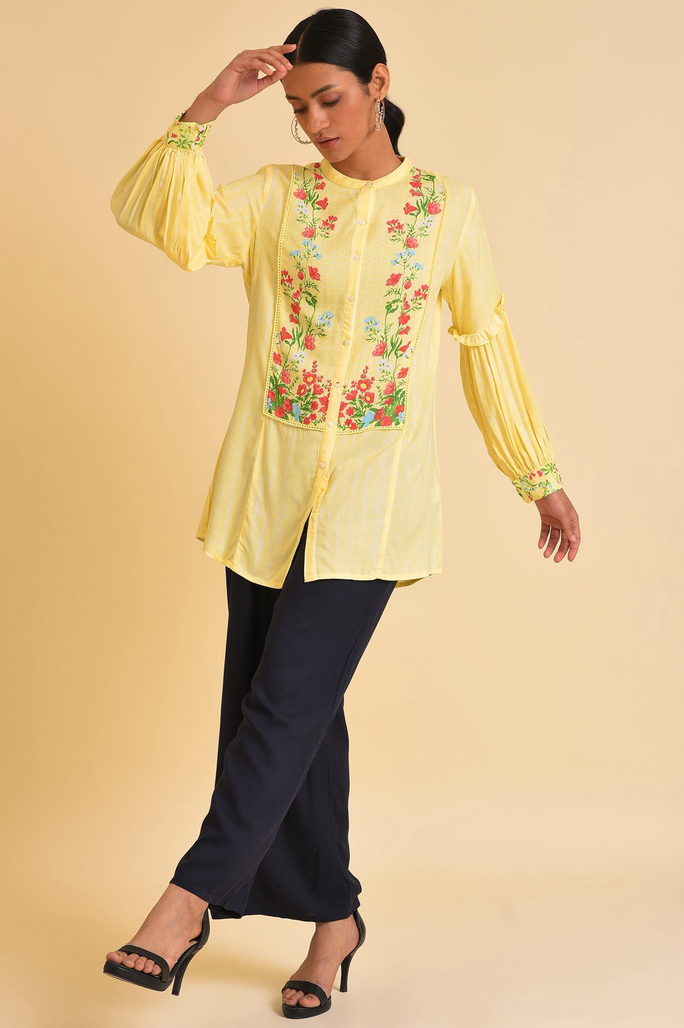 W for Woman Yellow Floral Printed Top (Size: XS)-23FEW31316-119859