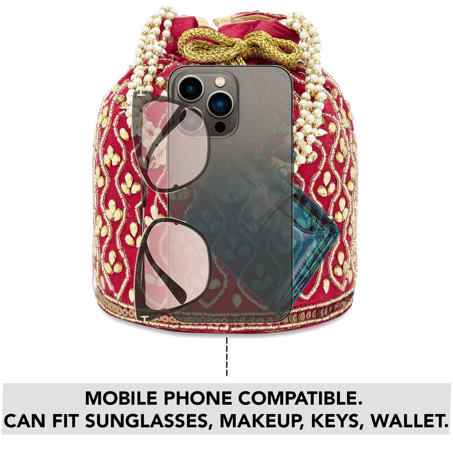 Peora Embroidered Potli Bag for Women Handmade Ethnic Purse Evening Handbags Stylish Bridal Fashion Clutch Bag Gift for Girls (Red, P88R)