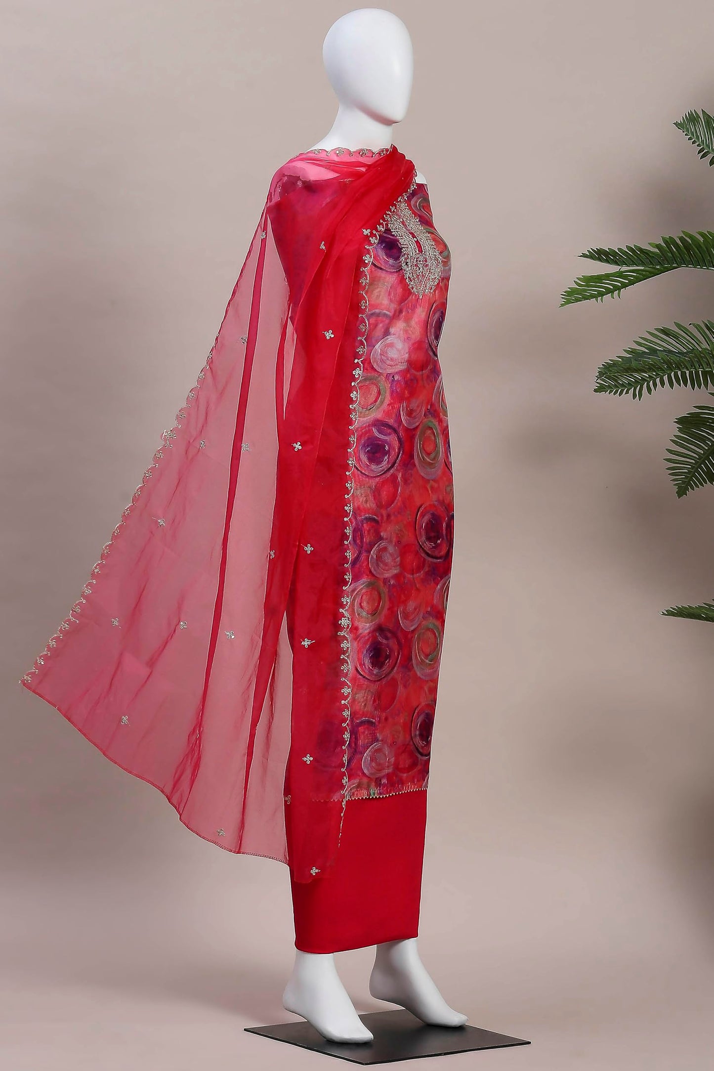 Biba Women Pink Organza Rajasthani Print Unstitched Suit Set_FREE SIZE