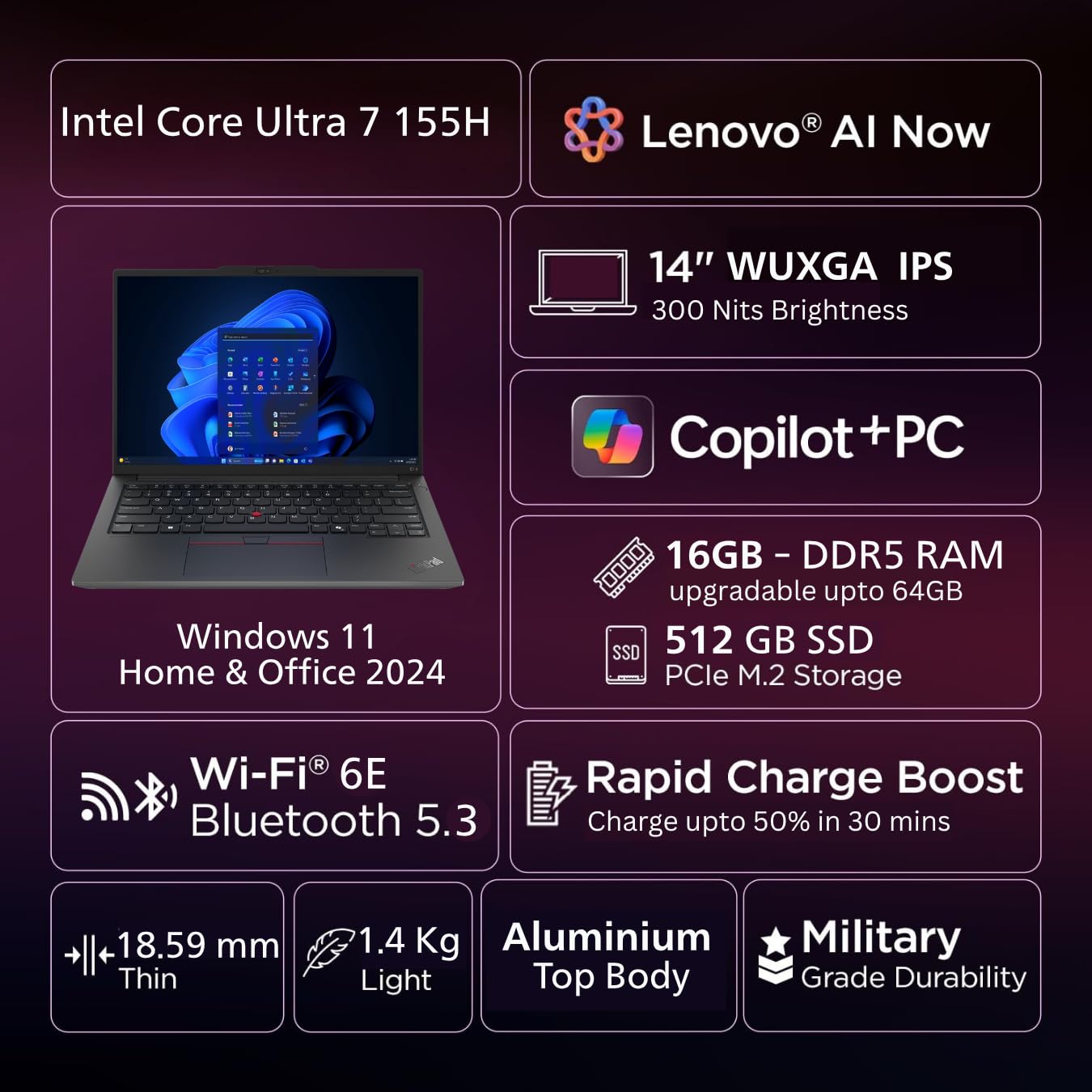 Lenovo ThinkPad E14 AI PC Intel Core Ultra 7 155H | Copilot Key | 16GB RAM | 512GB SSD | 14” WUXGA IPS 300 Nits | Win 11 + Office 2024 | Backlit | Fingerprint | 1.42 kg | 1Y Onsite | Black –21M7S0SF00